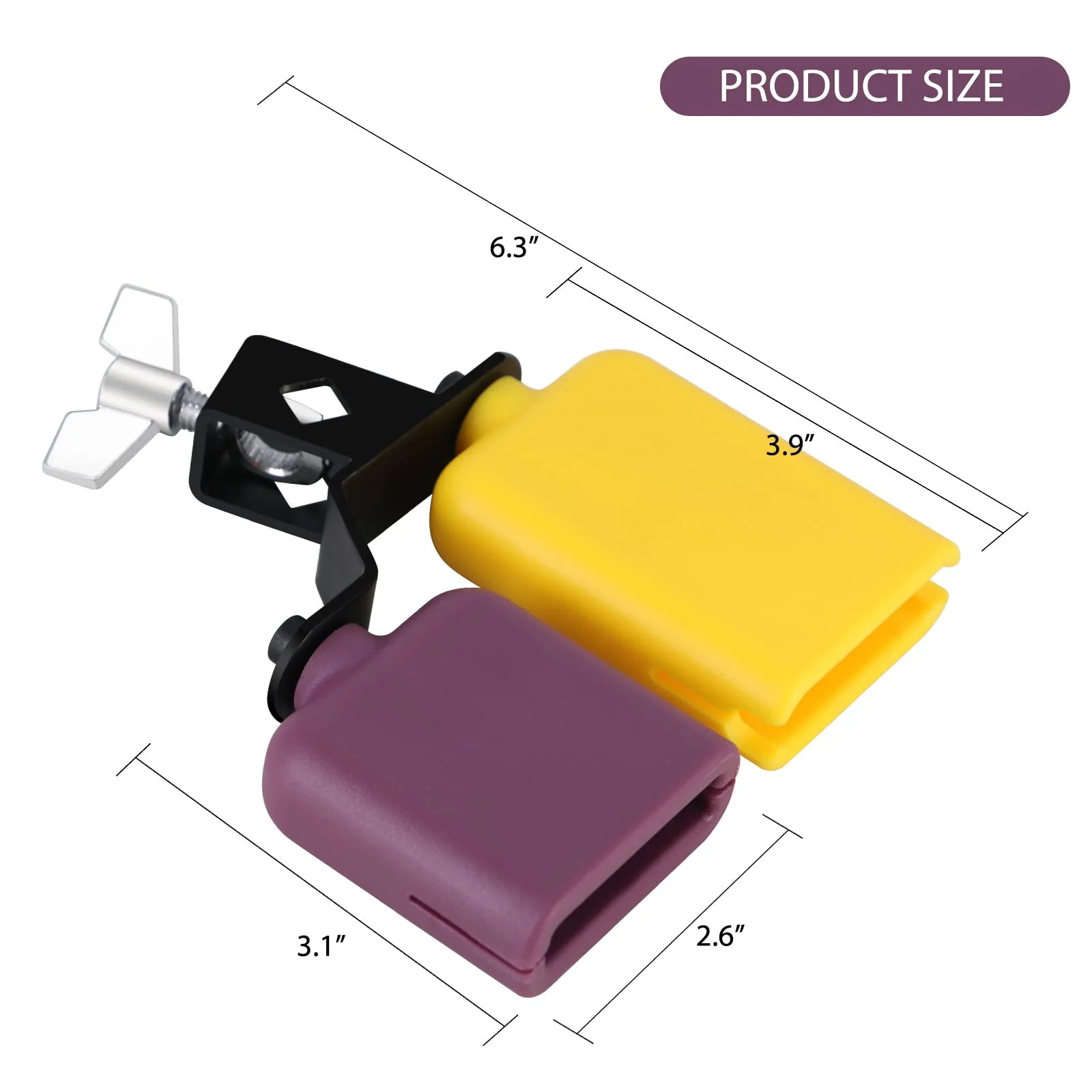 Jam Block,Plastic Cow Bell Double Sambago Bell Jam Block for Band Practice,Festival Performance,Latin Percussion Instrument Kit (Yellow-Purple) 6.2 inch Yellow-Purple - Image 5