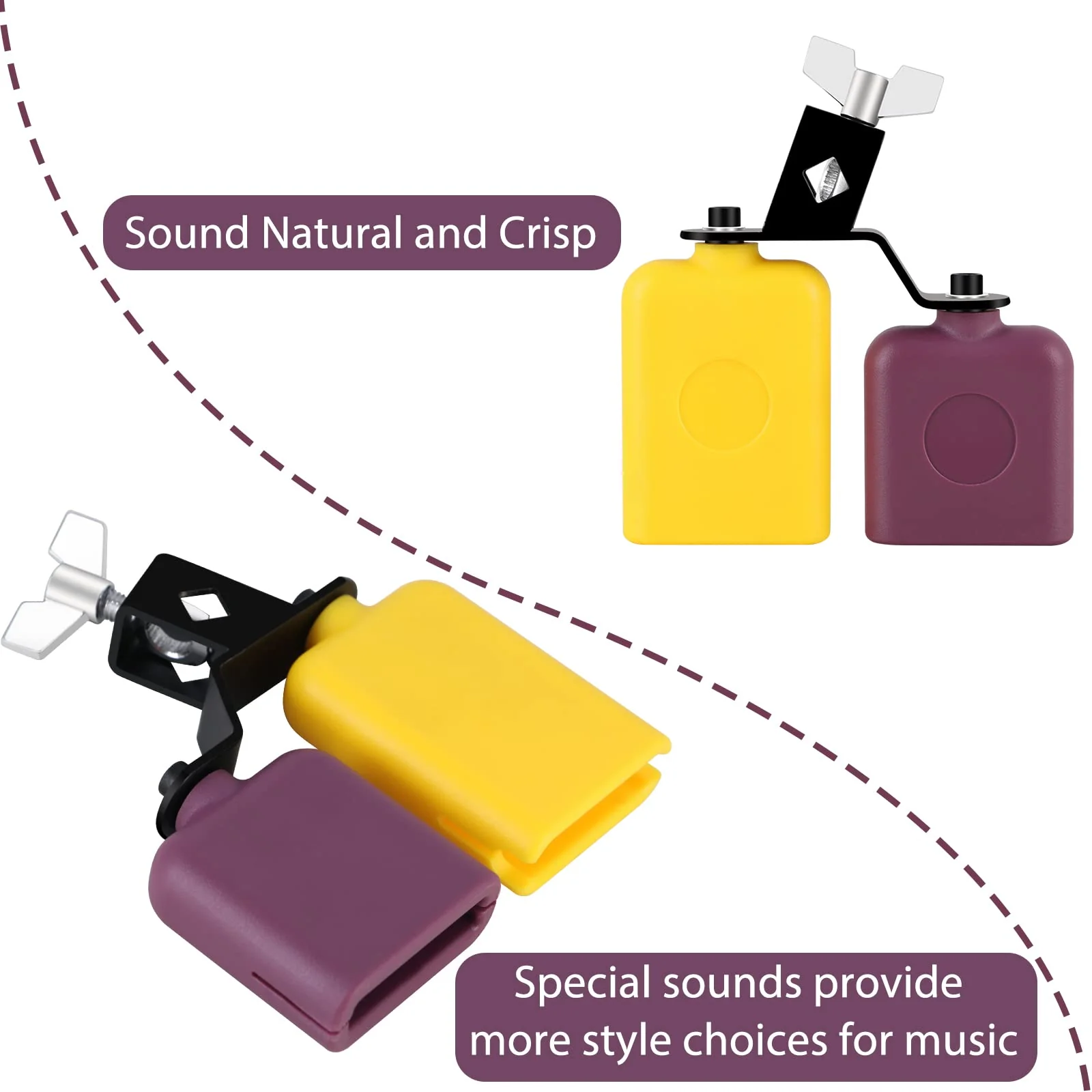Jam Block,Plastic Cow Bell Double Sambago Bell Jam Block for Band Practice,Festival Performance,Latin Percussion Instrument Kit (Yellow-Purple) 6.2 inch Yellow-Purple - Image 6