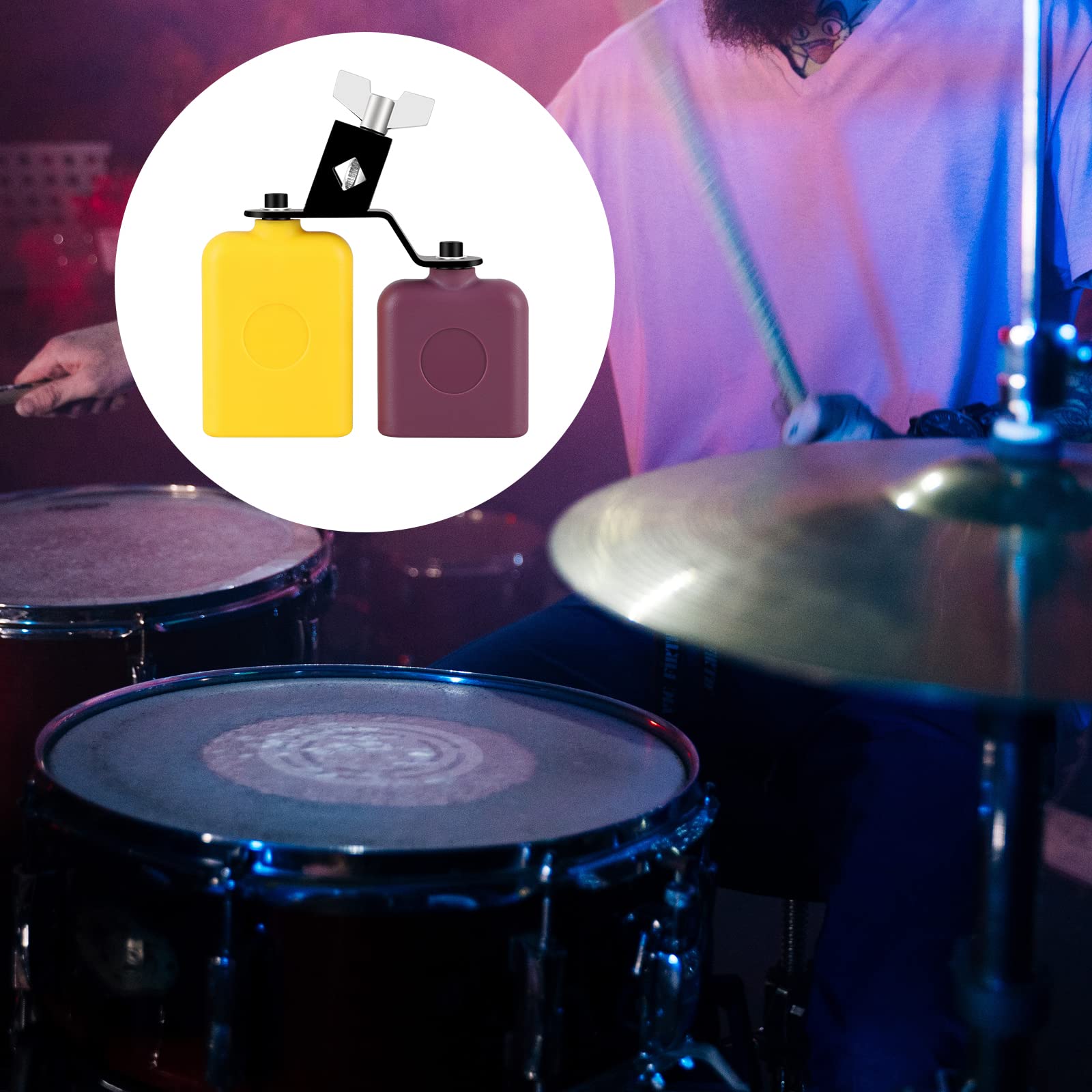 Jam Block,Plastic Cow Bell Double Sambago Bell Jam Block for Band Practice,Festival Performance,Latin Percussion Instrument Kit (Yellow-Purple) 6.2 inch Yellow-Purple - Image 7
