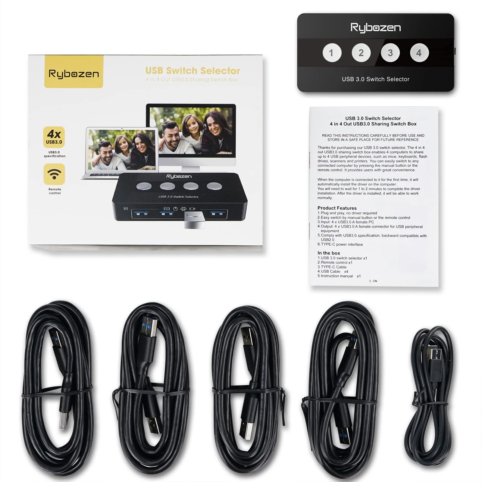 Jancane USB 3.0 Switch Selector, 4 Port KVM Switch USB Peripheral Switcher Box, 4 Computers Sharing 4 USB Devices, Button Switch & Remote Control - Image 7