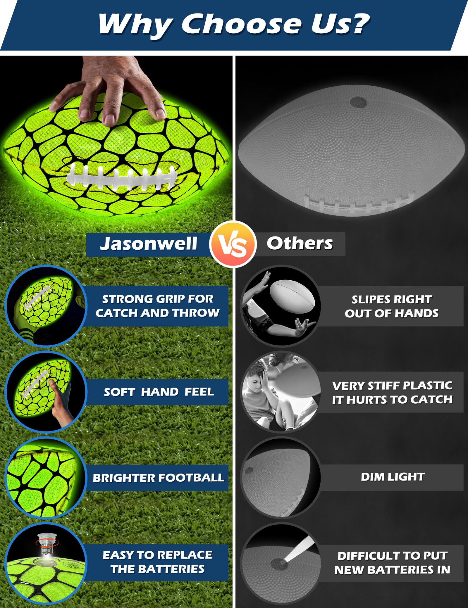 Jasonwell Glow in The Dark Football - Strong Grip Light Up Football Toy Stuff Gift Outdoor Sports Ball for Boys Kids Teen Junior Youth Adult Christmas Birthday Gifts for Ages 6-8 8-12 13+ Year Old No.9 Green - Image 6