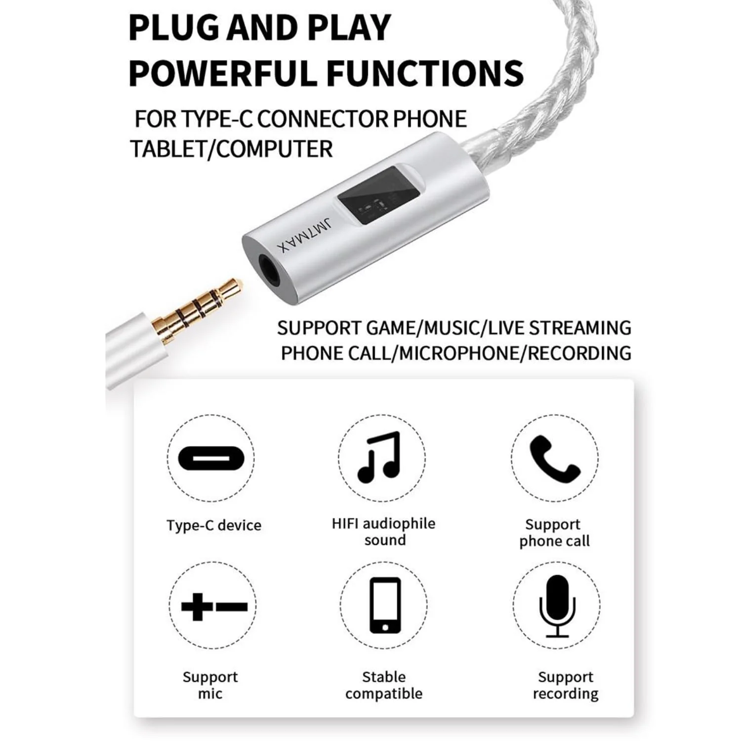 JCALLY JM7 MAX USB-C to 3.5mm Headphone DAC Amplifier CX31993 + SGM8262, Type-C to 3.5mm Digital Audio Decoding for iPhone, Samsung Galaxy, iPad & Android Phone - Image 7