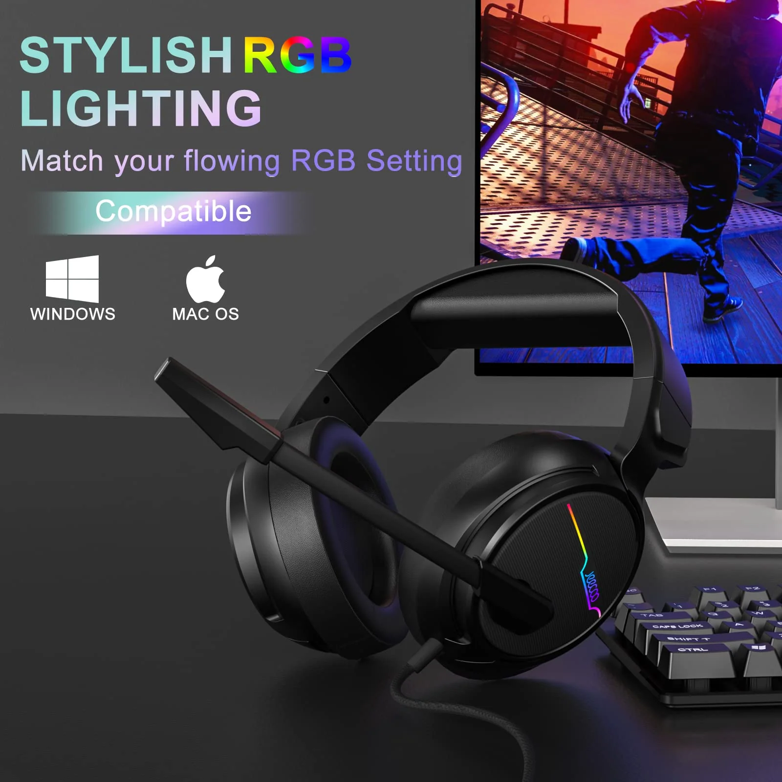 Jeecoo V20U USB Pro Gaming Headset for PC - 7.1 Surround Sound Headphones with Noise Cancelling Microphone- Memory Foam Ear Pads RGB Lights for Laptops - Image 2