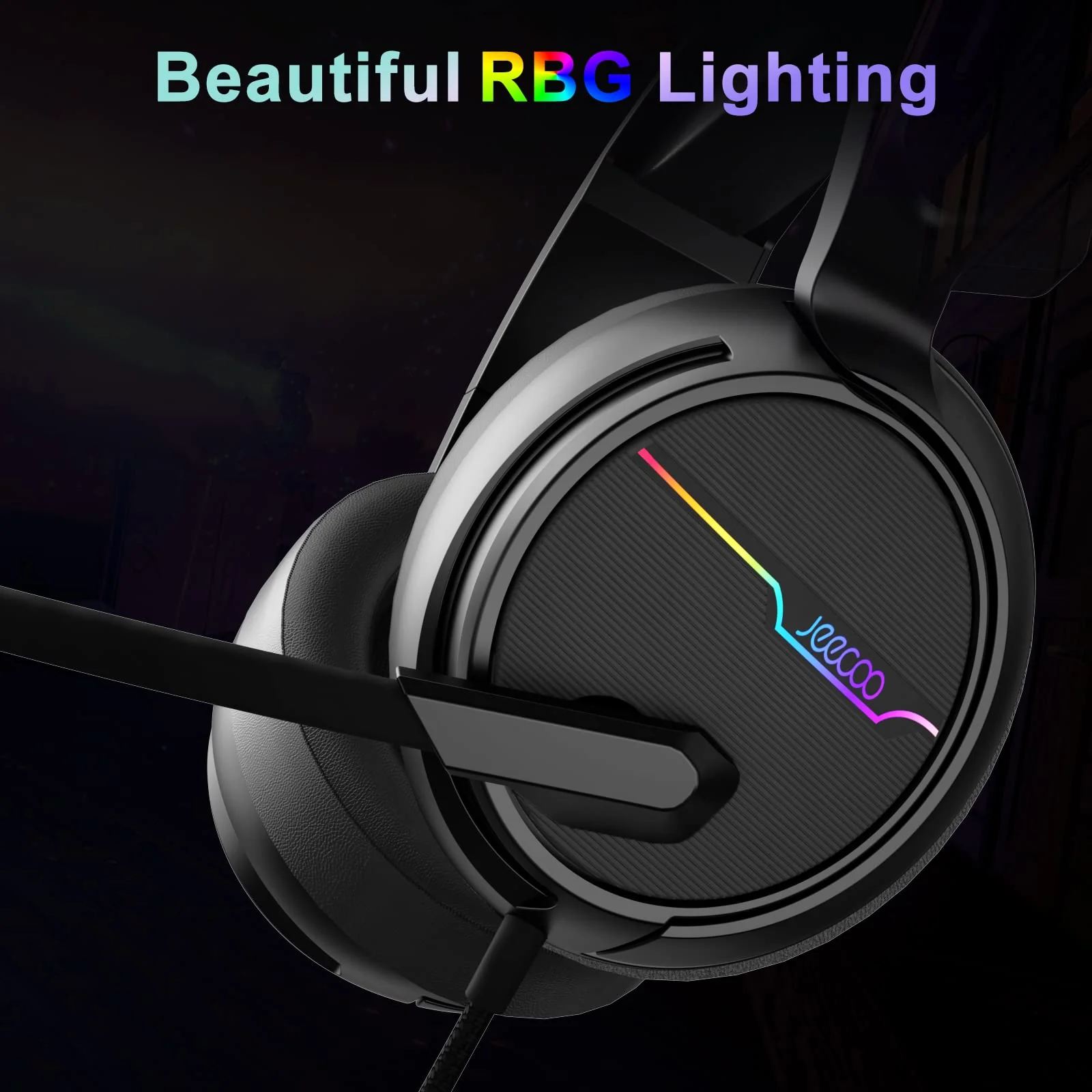 Jeecoo V20U USB Pro Gaming Headset for PC - 7.1 Surround Sound Headphones with Noise Cancelling Microphone- Memory Foam Ear Pads RGB Lights for Laptops - Image 7