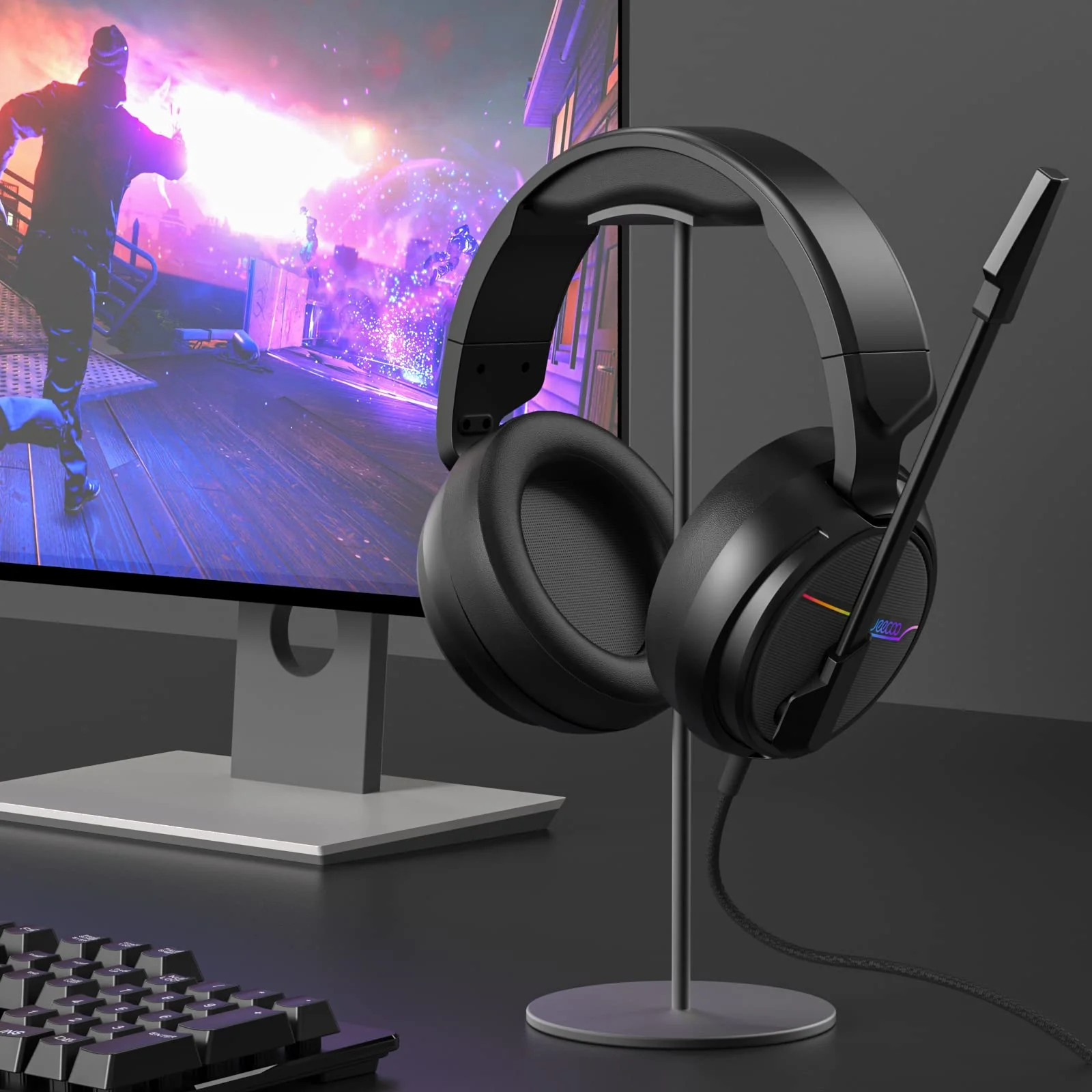 Jeecoo V20U USB Pro Gaming Headset for PC - 7.1 Surround Sound Headphones with Noise Cancelling Microphone- Memory Foam Ear Pads RGB Lights for Laptops - Image 8