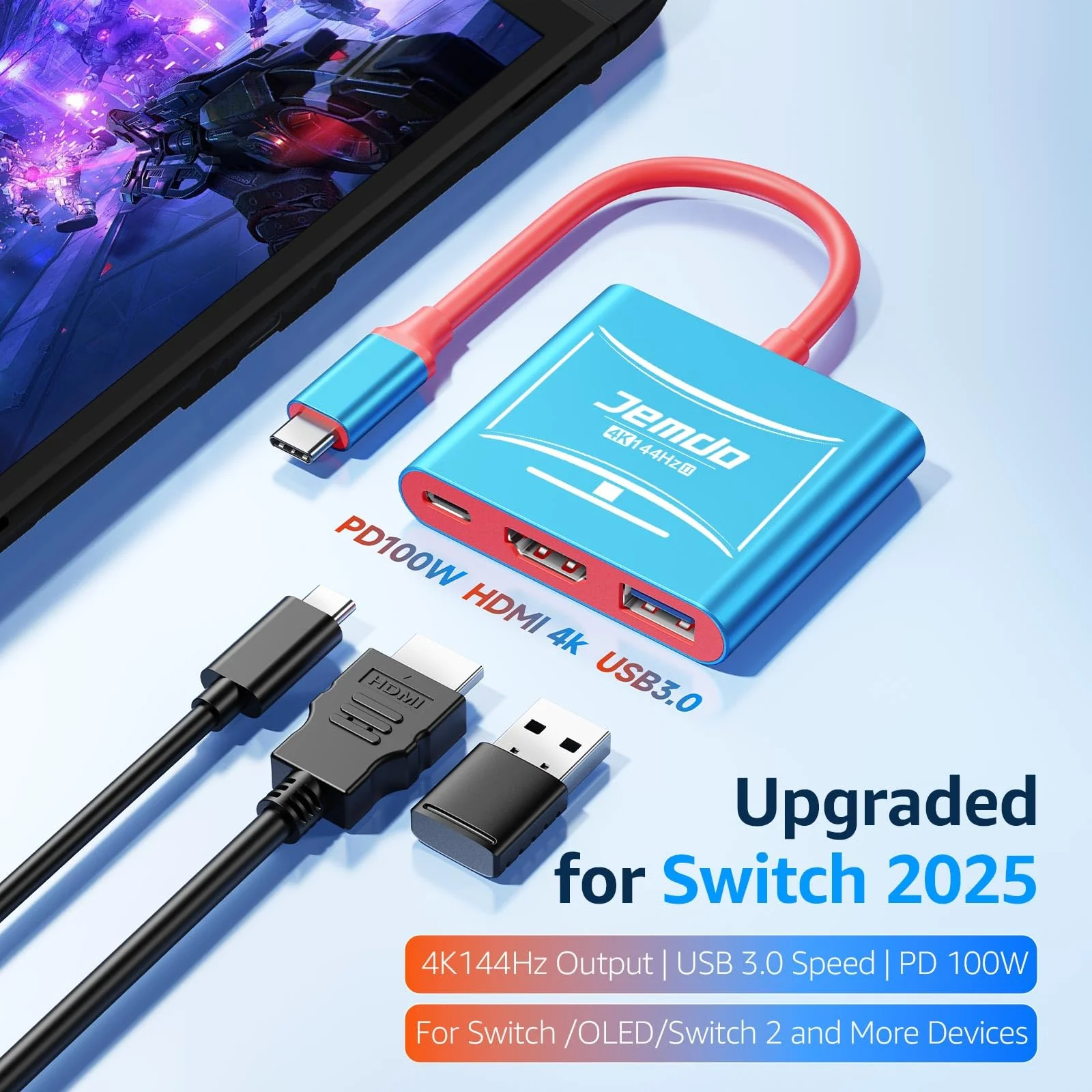 JEMDO Switch 2 HDMI Adapter Dock Station(3 Ports),4K@144Hz HDMI 2.1&48 Gbps,PD 100W & USB 3.2,Portable USB C to HDMI Travel Dock for TV Compatible with Nintendo Switch 2(Only Below V21.0.0)/OLED/2017 Blue 144 - Image 3