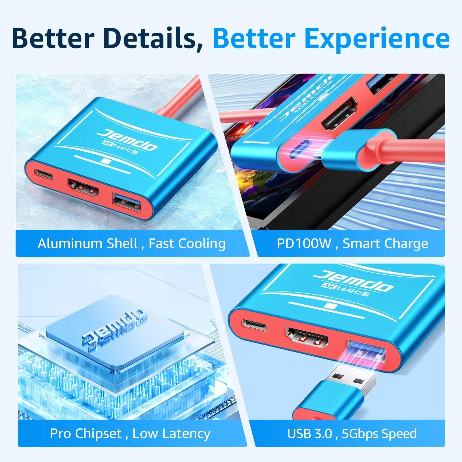 JEMDO Switch 2 HDMI Adapter Dock Station(3 Ports),4K@144Hz HDMI 2.1&48 Gbps,PD 100W & USB 3.2,Portable USB C to HDMI Travel Dock for TV Compatible with Nintendo Switch 2(Only Below V21.0.0)/OLED/2017 Blue 144 - Image 7