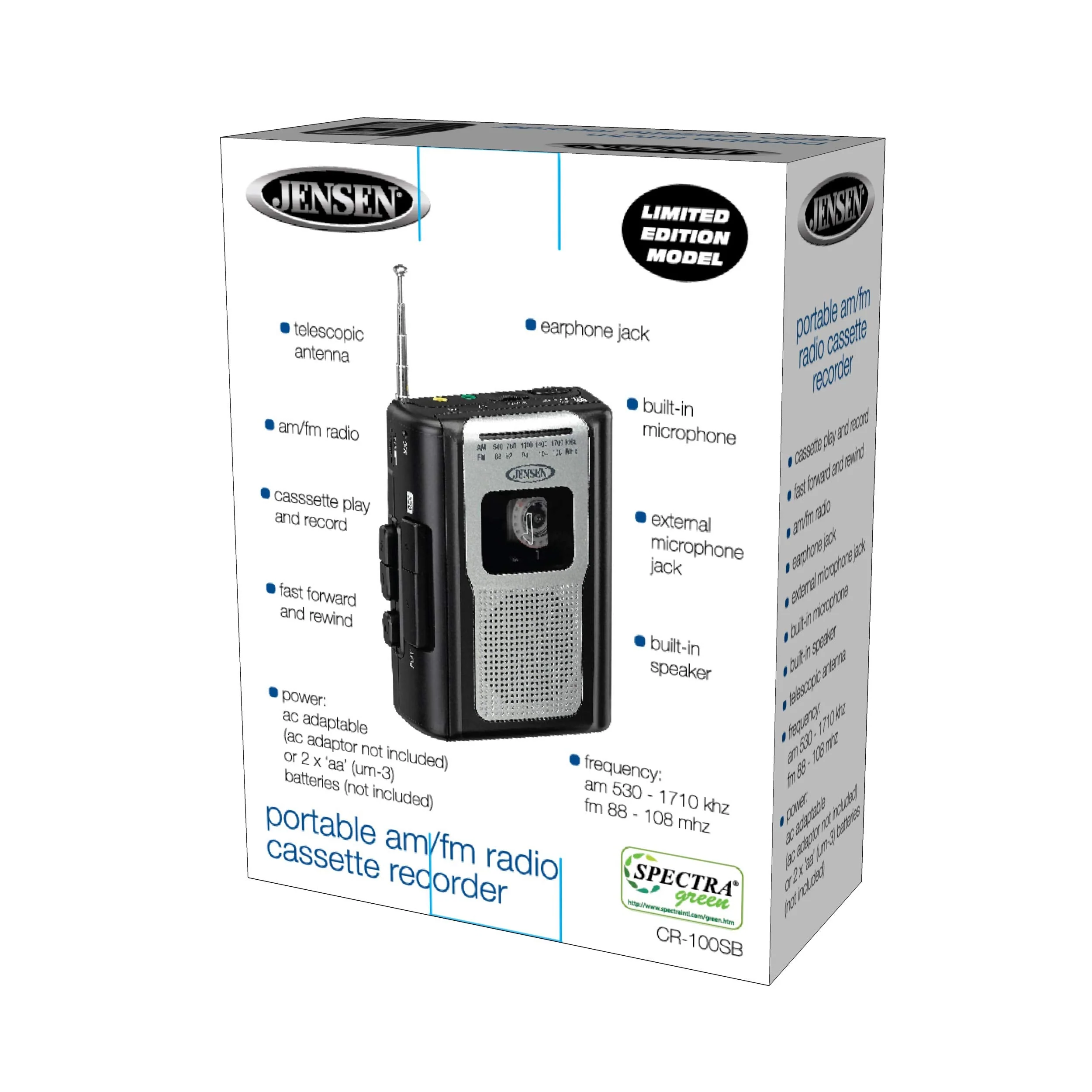 Jensen CR-100 Retro Portable AM/FM Radio Personal Cassette Player Compact Lightweight Design Stereo AM/FM Radio Cassette Player/Recorder & Built in Speaker (Black Series) Black - Image 8