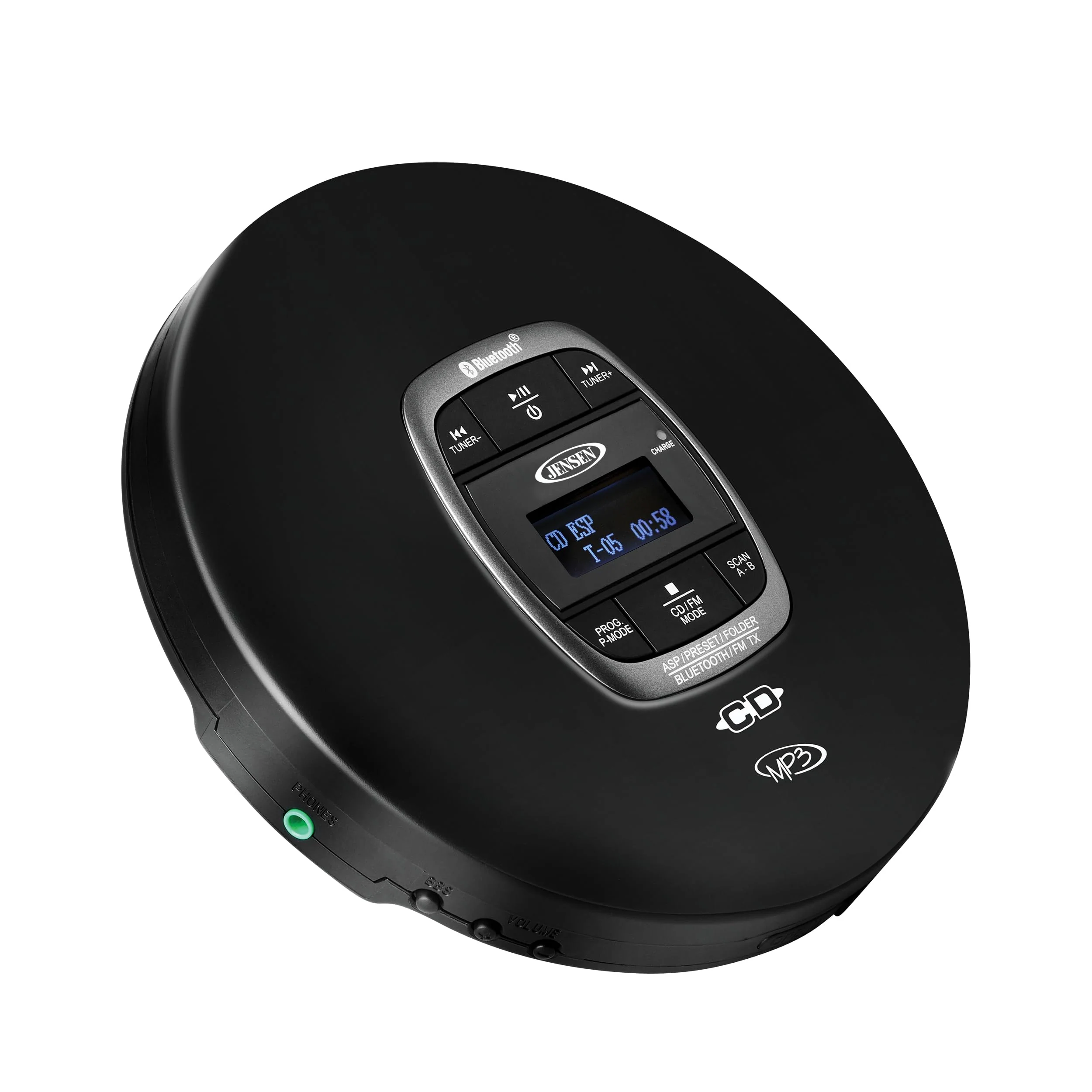 Jensen Portable CD Player Bluetooth 5.0 for Car with FM Transmitter, MP3 CD Playback, 60 Sec- Anti-Skip, Bass Boost, Rechargeable CD Player, Stereo Sport Earbuds (Matte Black) - Image 2