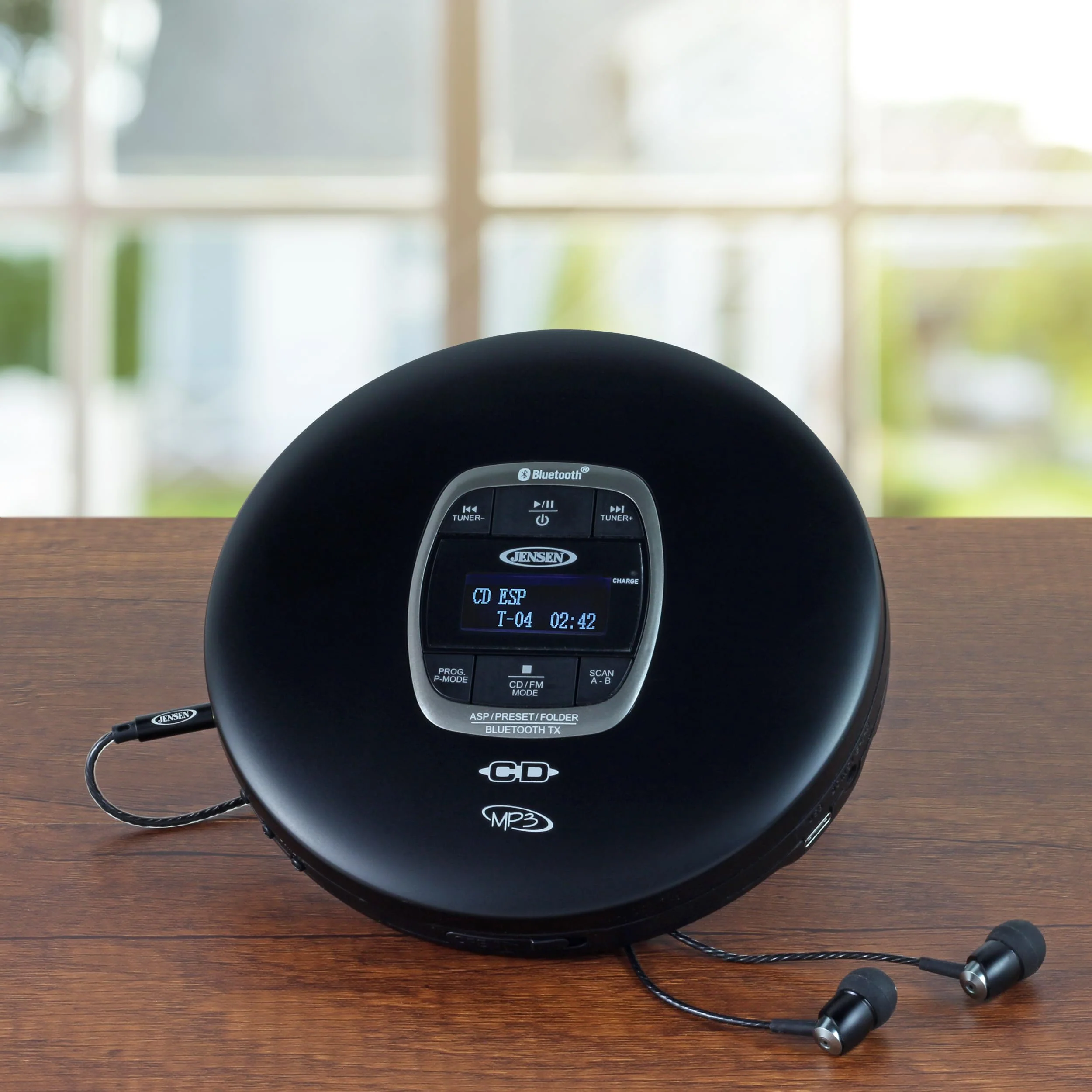 Jensen Portable CD Player Bluetooth 5.0 for Car with FM Transmitter, MP3 CD Playback, 60 Sec- Anti-Skip, Bass Boost, Rechargeable CD Player, Stereo Sport Earbuds (Matte Black) - Image 4