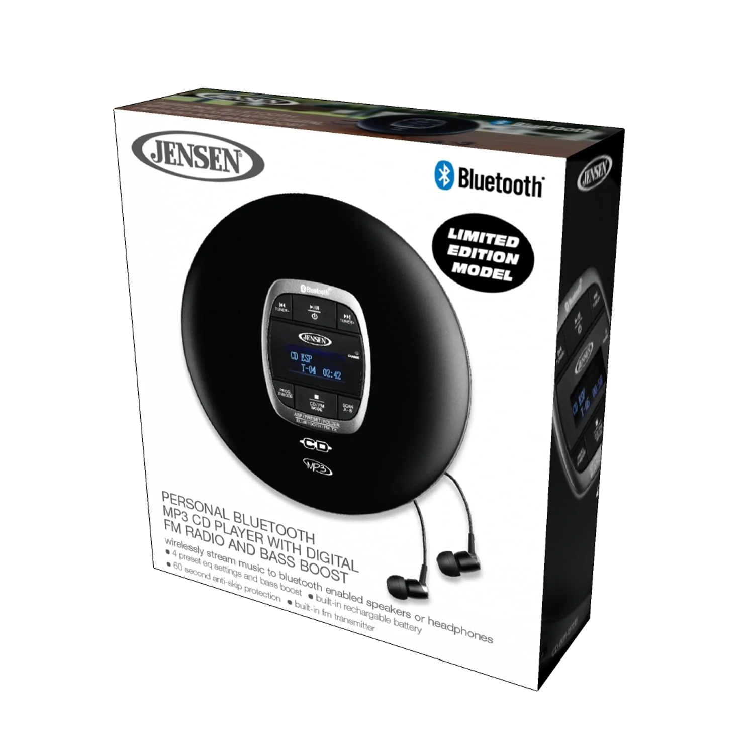 Jensen Portable CD Player Bluetooth 5.0 for Car with FM Transmitter, MP3 CD Playback, 60 Sec- Anti-Skip, Bass Boost, Rechargeable CD Player, Stereo Sport Earbuds (Matte Black) - Image 5