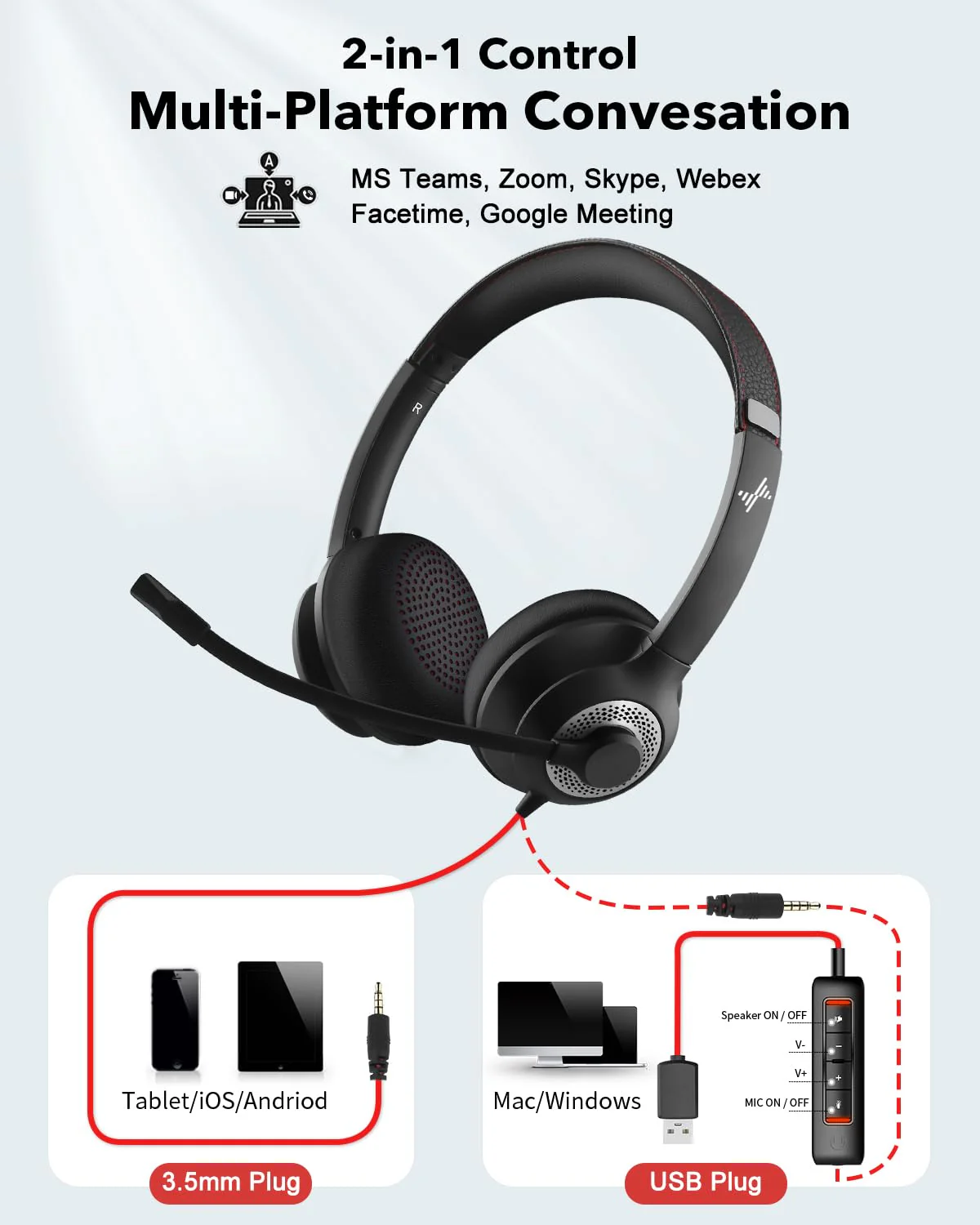 JIAMQISHI USB Headset with Microphone for PC, On-Ear Computer Laptop Headphones with Noise Cancelling Microphone in-line Control for Home Office Online Class Skype Zoom (USB+3.5mm, Black) USB+3.5mm - Image 5