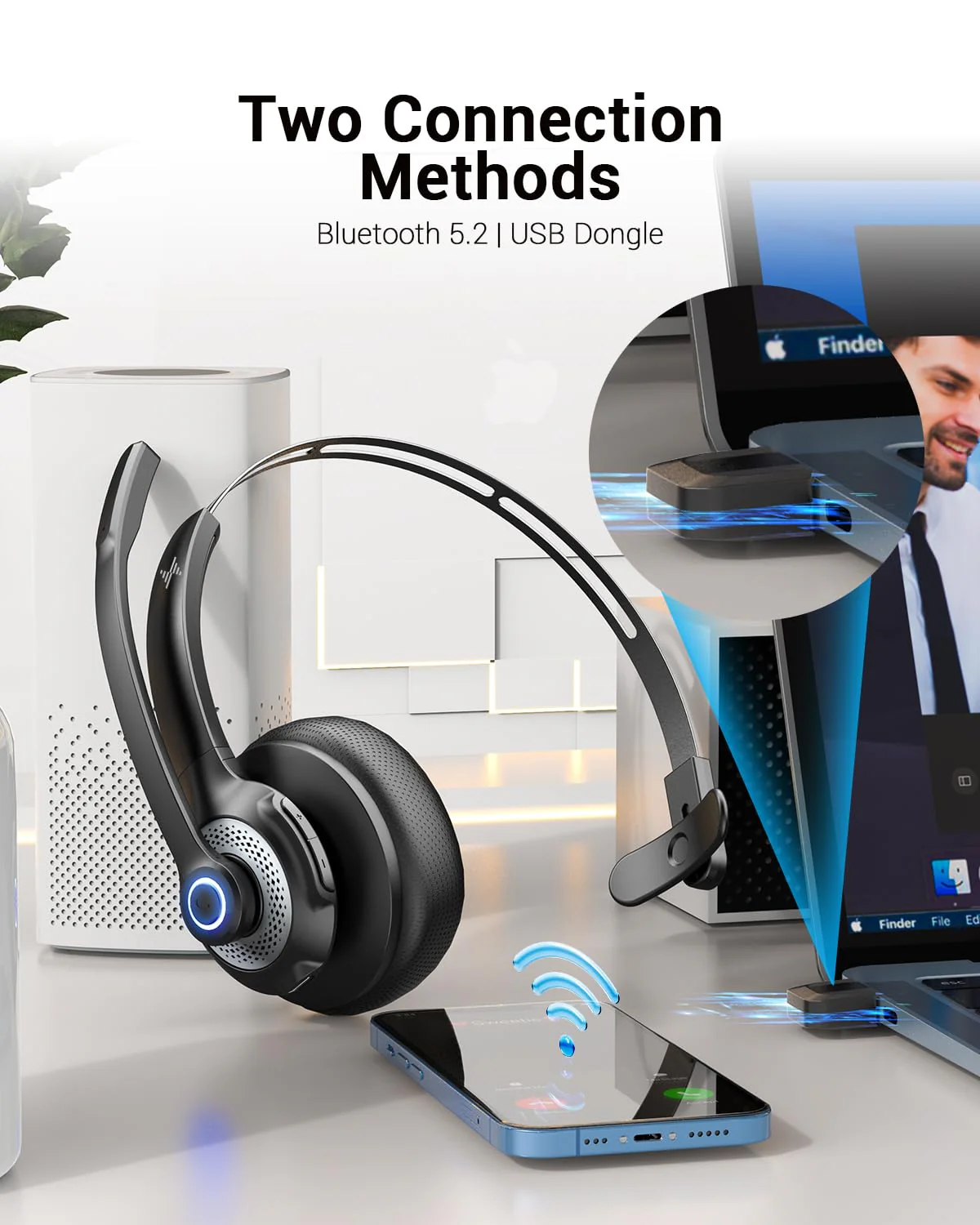 JIAMQISHI Wireless Headset with Microphone - Bluetooth V5.2 Headphones with USB Dongle & Mic Mute for PC/Computer/Laptop/Call Center/Zoom/Online Class/Trucker - Bluetooth Headset, Black, EH06U No Charging base - Image 2