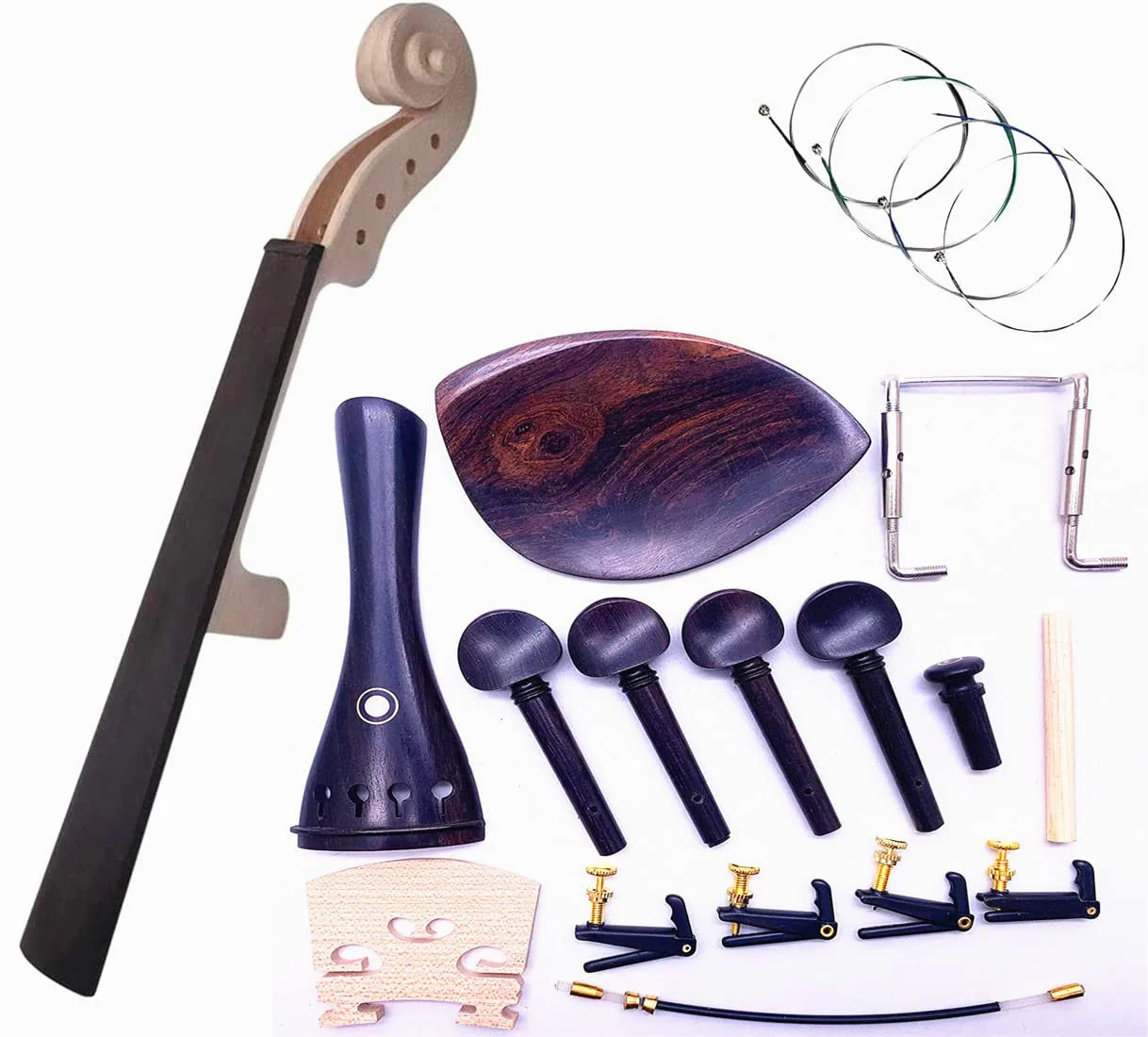 Jiayouy 17Pcs 4/4 DIY Violin Accessories Kit Violin Neck & Fingerboard Wire Tailpiece Fine Tuner Tailgut Tuning Peg Endpin Bridges Chin rest Kit