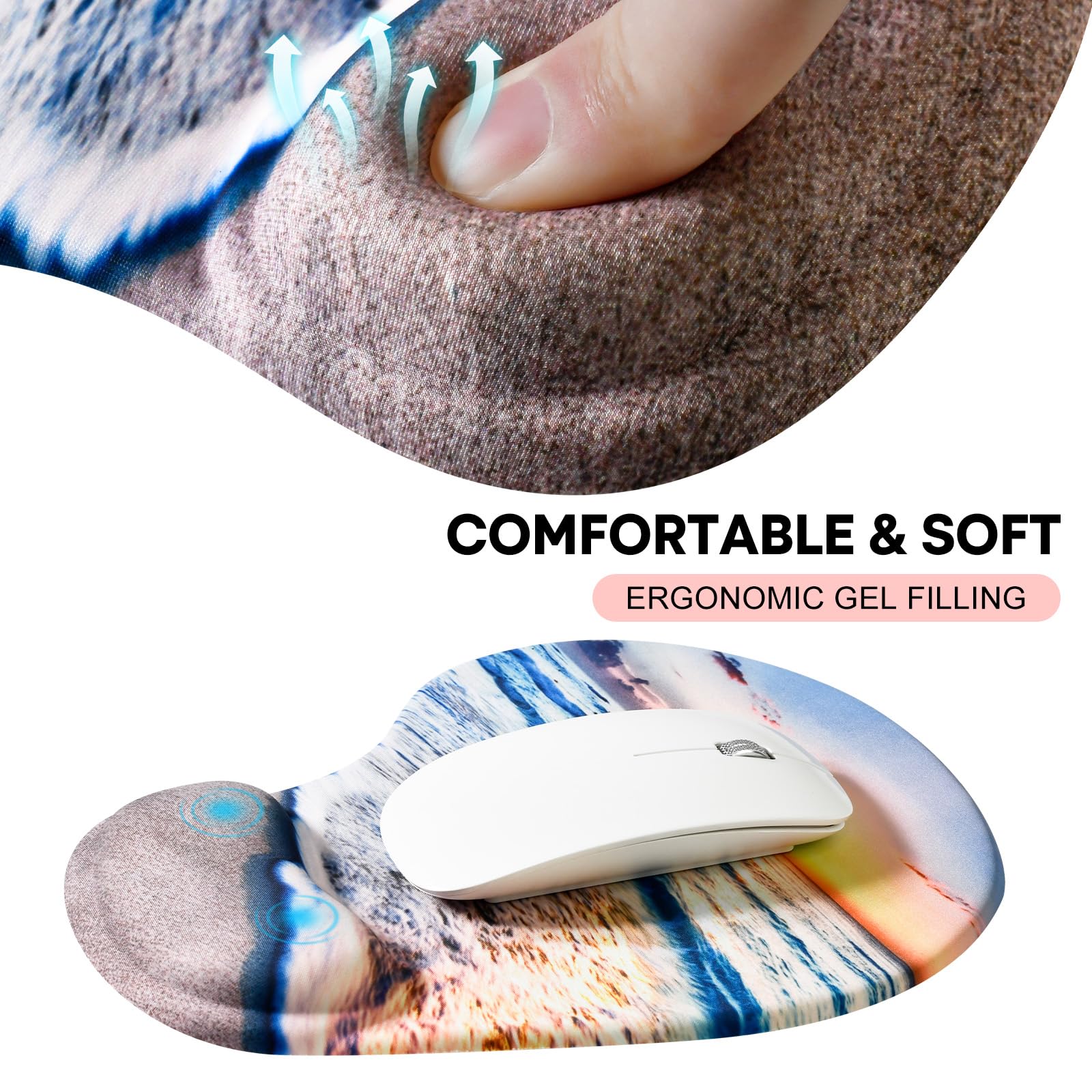 JIKIOU Mouse Pad, 2 Pack Ergonomic Mouse Pads with Comfortable Gel Wrist Rest Support and Lycra Cloth, Non-Slip PU Base for Easy Typing Pain Relief Durable and Easy to Clean Small Beach 10Beach - Image 4