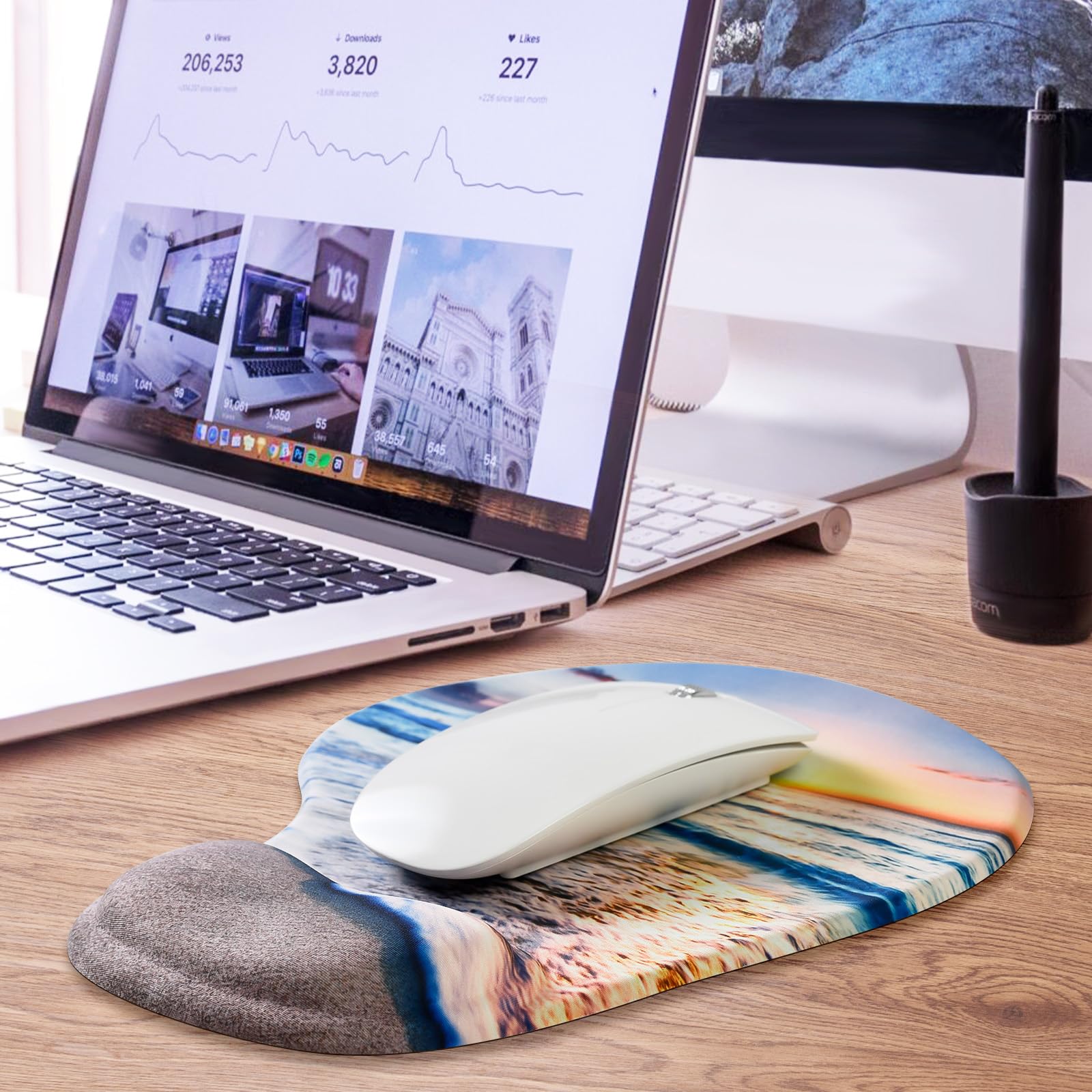 JIKIOU Mouse Pad, 2 Pack Ergonomic Mouse Pads with Comfortable Gel Wrist Rest Support and Lycra Cloth, Non-Slip PU Base for Easy Typing Pain Relief Durable and Easy to Clean Small Beach 10Beach - Image 7