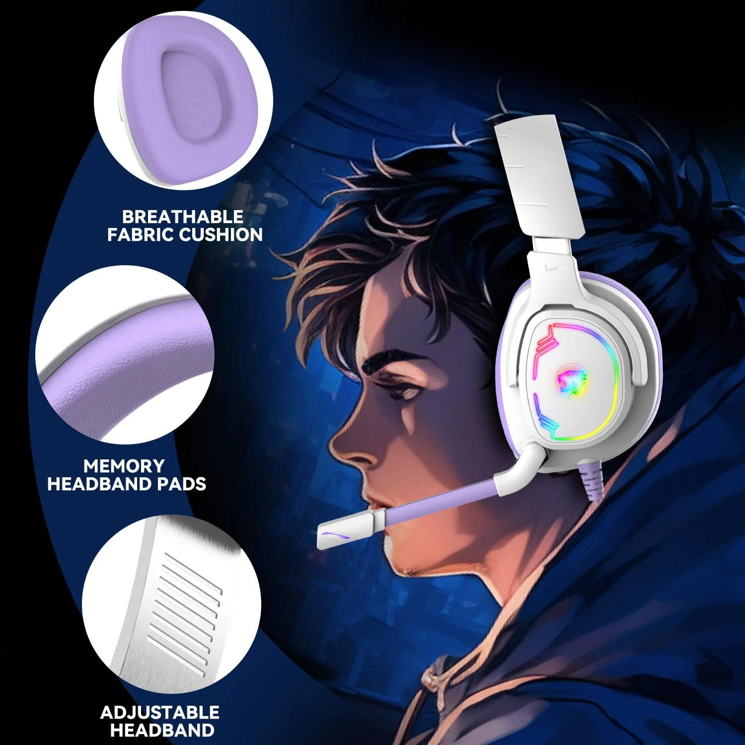 Jimonyer Gaming Headset for PC/PS4/PS5/Xbox One/Switch, Stereo Surround Sound Gaming Headphones with Noise Canceling Flexible Mic, Computer Headset with 3.5mm Jack & RGB Light (WhitePurple) WhitePurple - Image 6