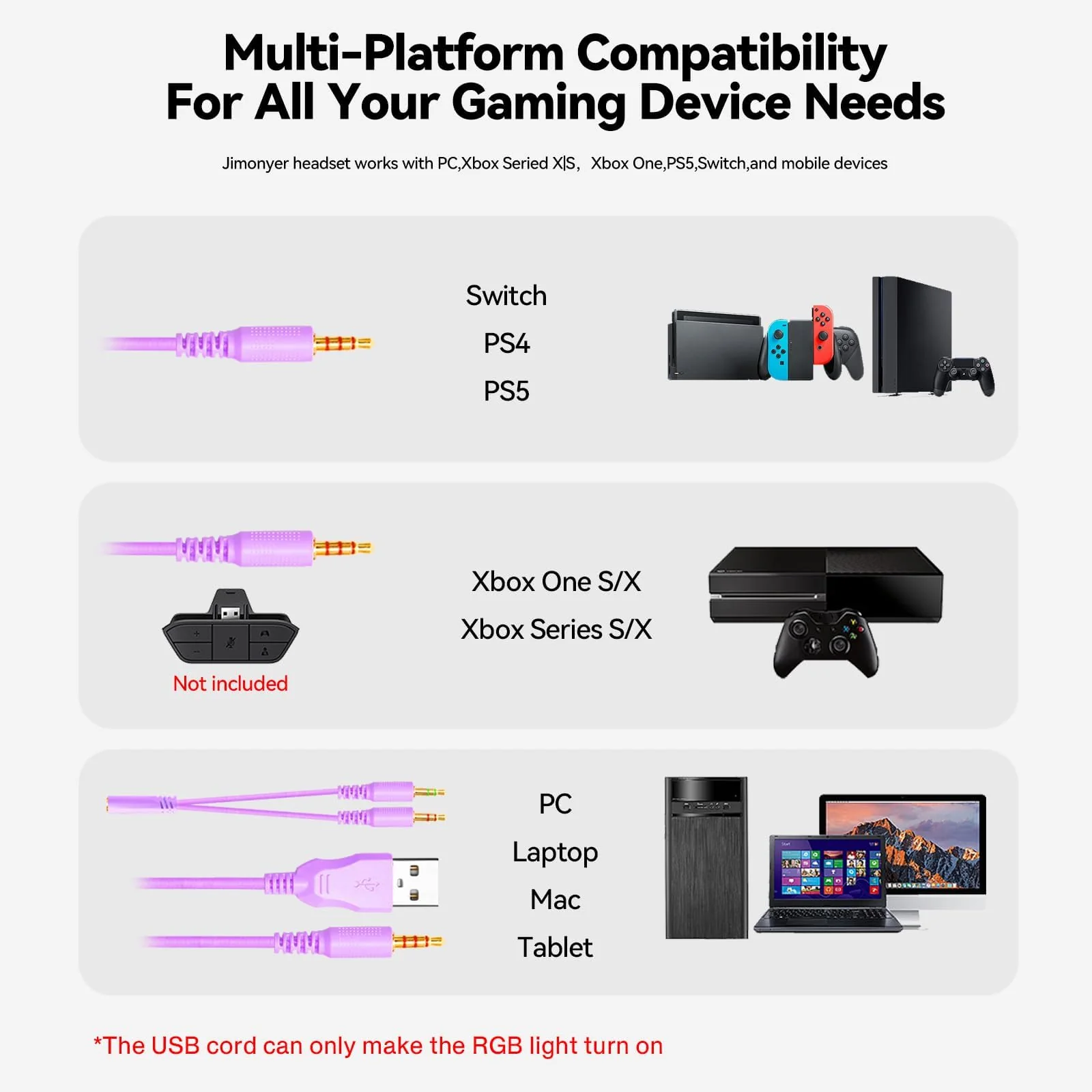 Jimonyer Gaming Headset for PC/PS4/PS5/Xbox One/Switch, Stereo Surround Sound Gaming Headphones with Noise Canceling Flexible Mic, Computer Headset with 3.5mm Jack & RGB Light (WhitePurple) WhitePurple - Image 7