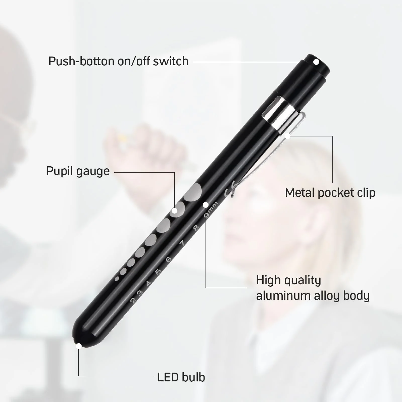 Jinlaili Pack of 2 Reusable Diagnostic LED Pen Lamp, Torch Light Pen with Pocket Clip, Medical Pupil Light, for Nurses, Doctors, Students (Black and Silver) - Image 4