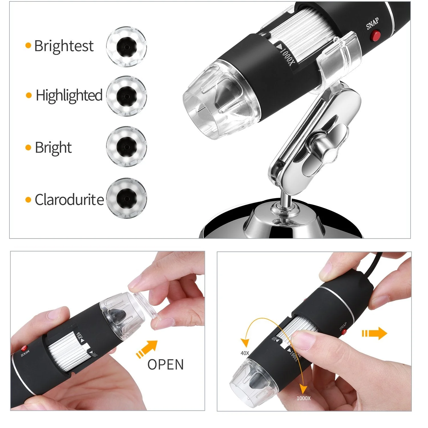 Jiusion Original 40-1000X USB Microscope with Portable Carrying Case, Digital Magnification Endoscope Camera 8 LEDs Metal Base for Android Phone and Tablet, Windows Mac Linux Chrome - Image 2