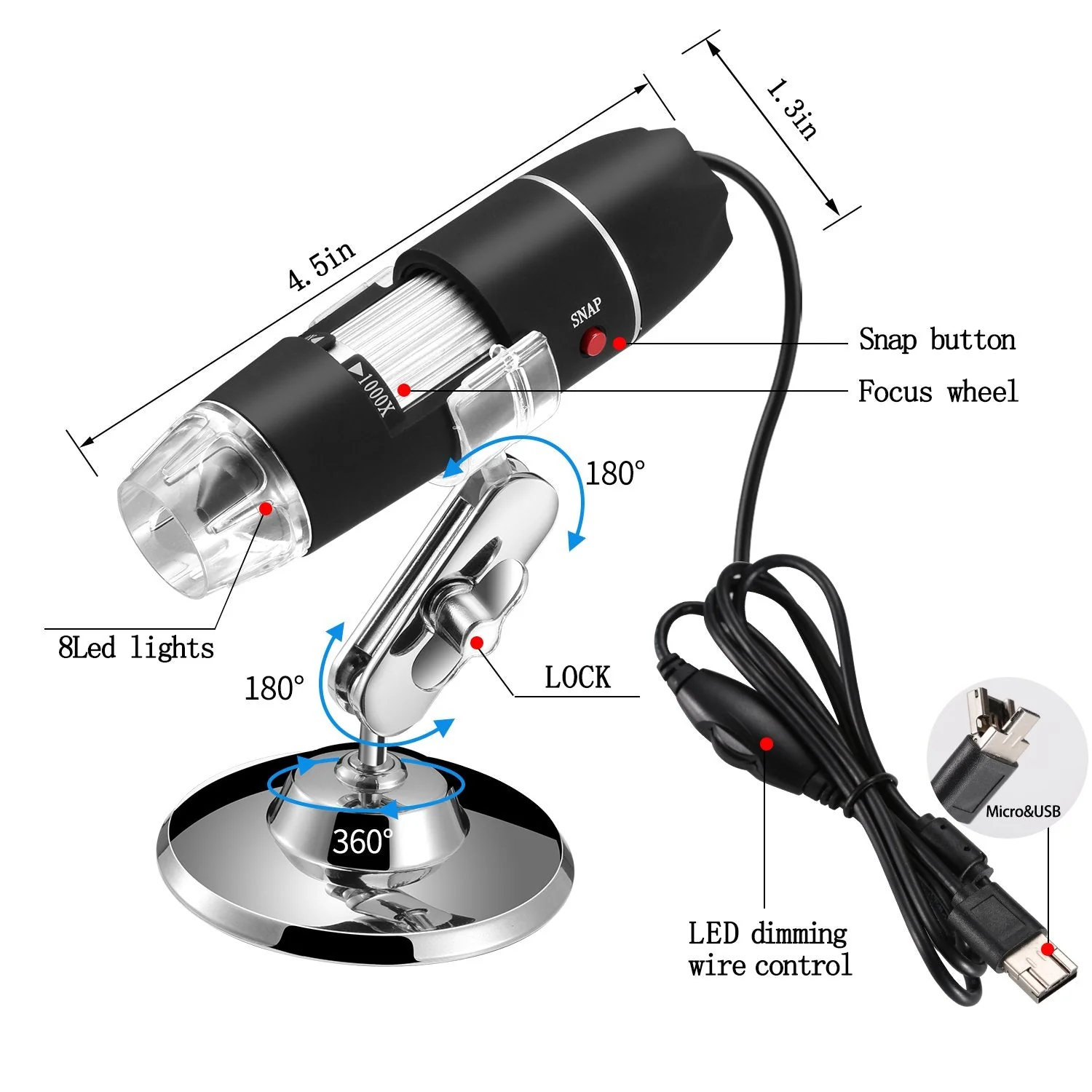 Jiusion Original 40-1000X USB Microscope with Portable Carrying Case, Digital Magnification Endoscope Camera 8 LEDs Metal Base for Android Phone and Tablet, Windows Mac Linux Chrome - Image 3