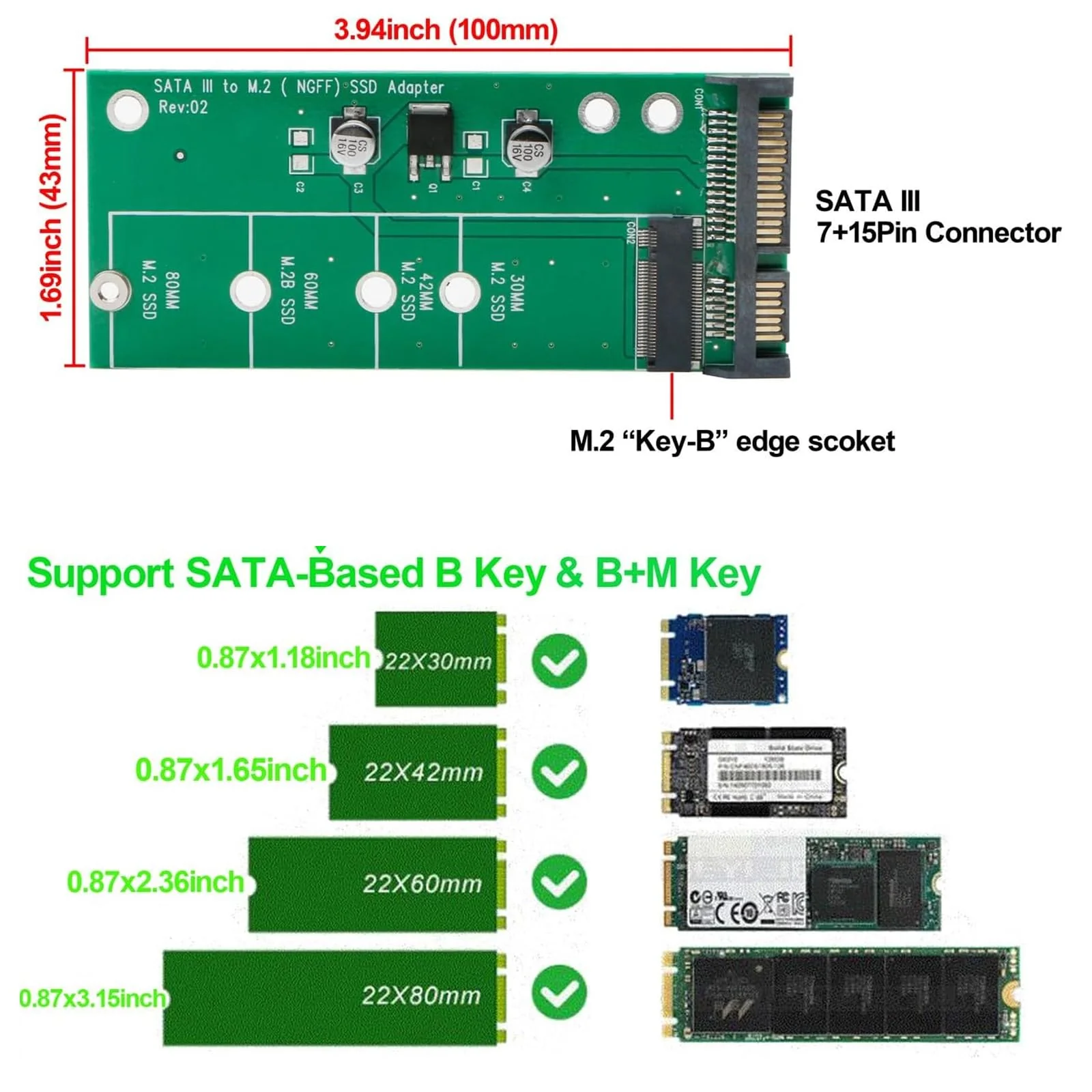Jiuwu M.2 to Sata Adapter Ngff to Sata Adapter Card（Not for M.2 Nvme） Ngff M2 to 2.5 Inch Sata Iii Drivers B Key B & M Key Ssd Converter forDOS, Windows 95, 98, XP, 2000, Vista Green - Image 2