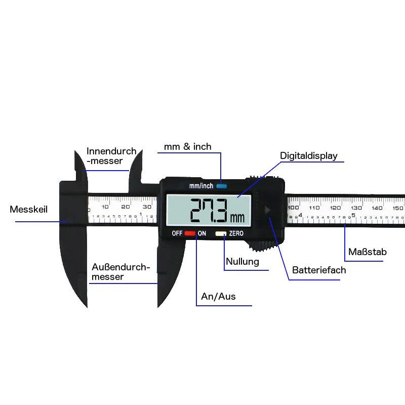 jj-shop24 Digital Caliper, Calliper Gauge, 0-150 mm, Digital LCD Display, Carbon Fibre Plastic, Caliper Gauge for Outdoors, Depth and Step Measurement - Image 2