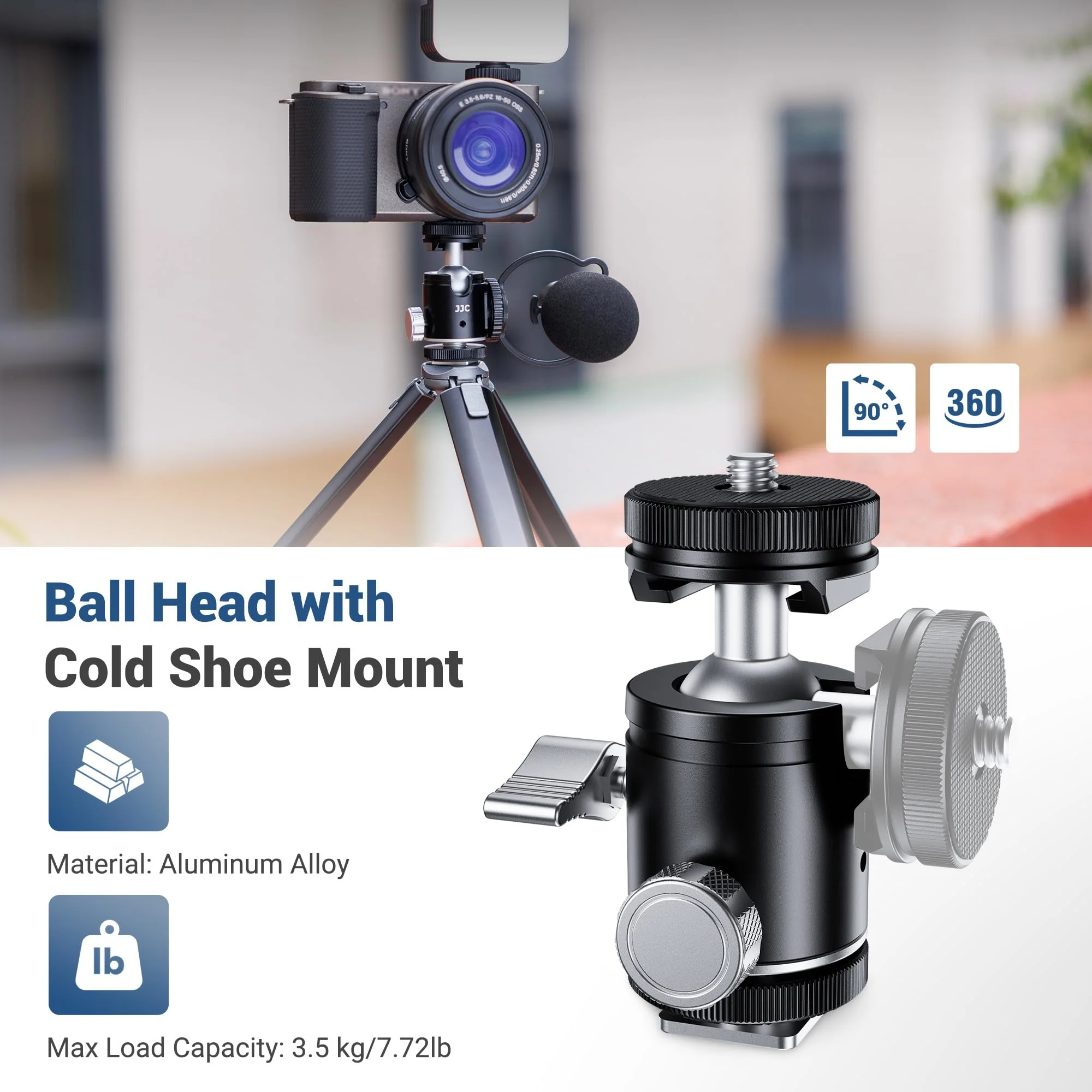 JJC 1/4''-20 Camera Tripod Ball Head Mount Adapter, Mini Ballhead with Cold Shoe Mount for Camera DSLR Tripod Selfie Stick LED Light Flash Microphone Phone Cage, 360-Degree Rotation, 90-Degree Tilt Ball Head with 2 Cold Shoe Mount - Image 2