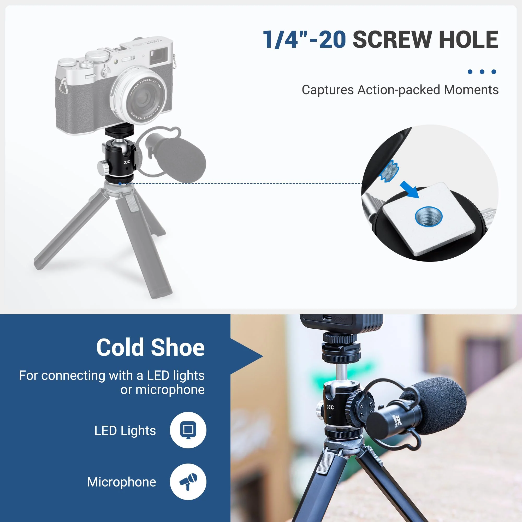JJC 1/4''-20 Camera Tripod Ball Head Mount Adapter, Mini Ballhead with Cold Shoe Mount for Camera DSLR Tripod Selfie Stick LED Light Flash Microphone Phone Cage, 360-Degree Rotation, 90-Degree Tilt Ball Head with 2 Cold Shoe Mount - Image 5