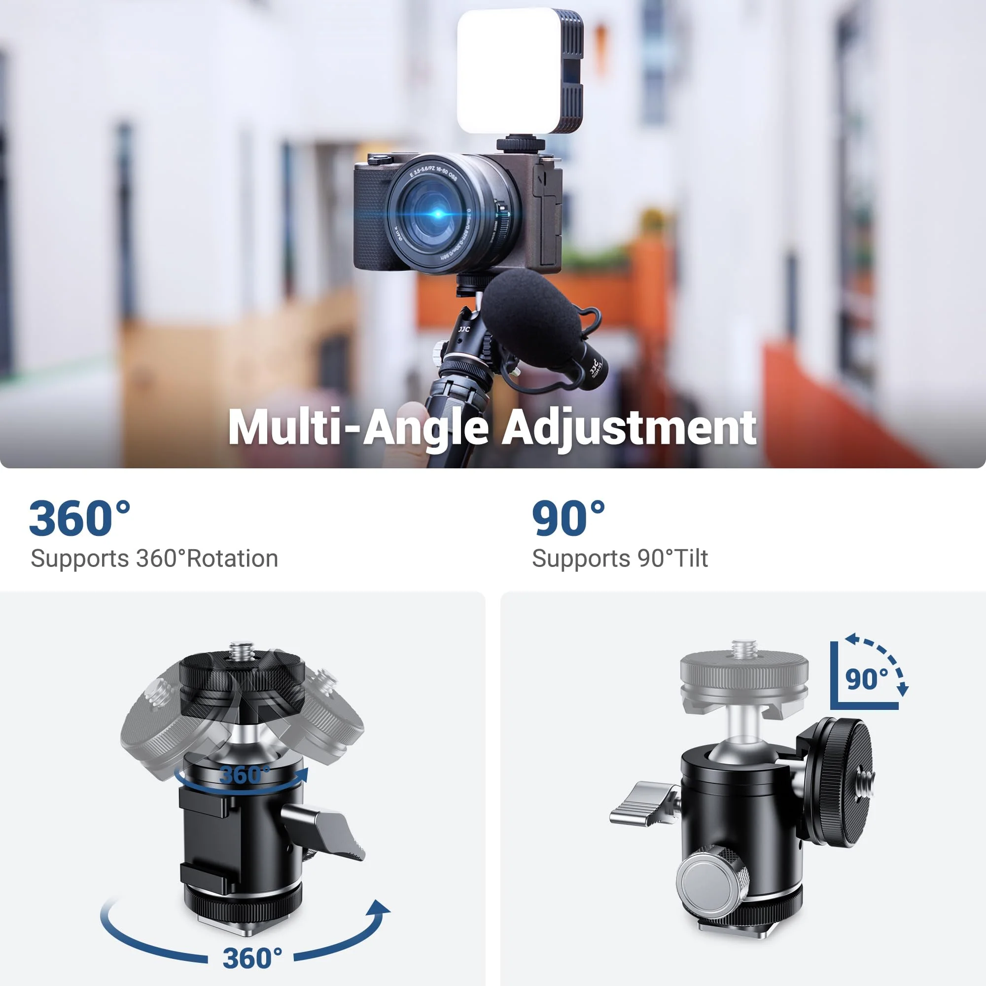 JJC 1/4''-20 Camera Tripod Ball Head Mount Adapter, Mini Ballhead with Cold Shoe Mount for Camera DSLR Tripod Selfie Stick LED Light Flash Microphone Phone Cage, 360-Degree Rotation, 90-Degree Tilt Ball Head with 2 Cold Shoe Mount - Image 6