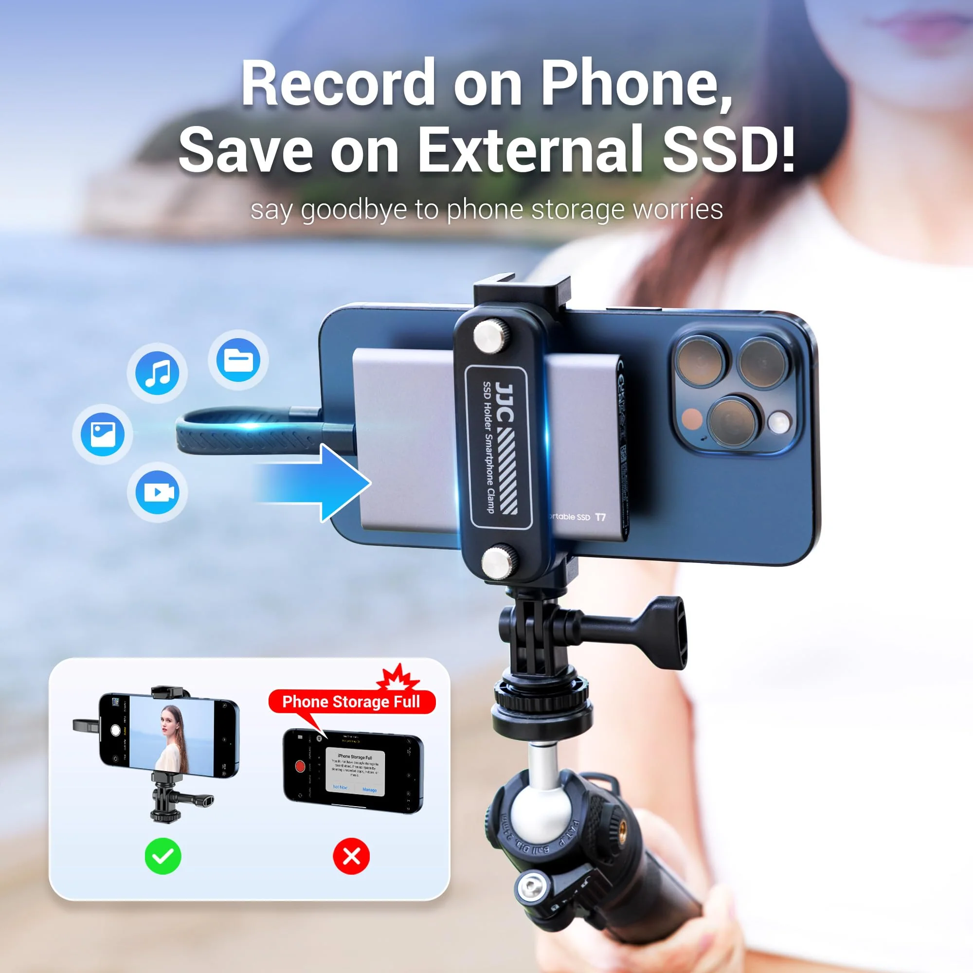 JJC 2-in-1 Multi-Use Phone Clamp SSD Holder Bracket, 360°Rotates SSD Mount Support with Cold Shoe, 1/4"-20 Tripod Mount for Photography Videography Video Recording Vlog Streaming - Image 2