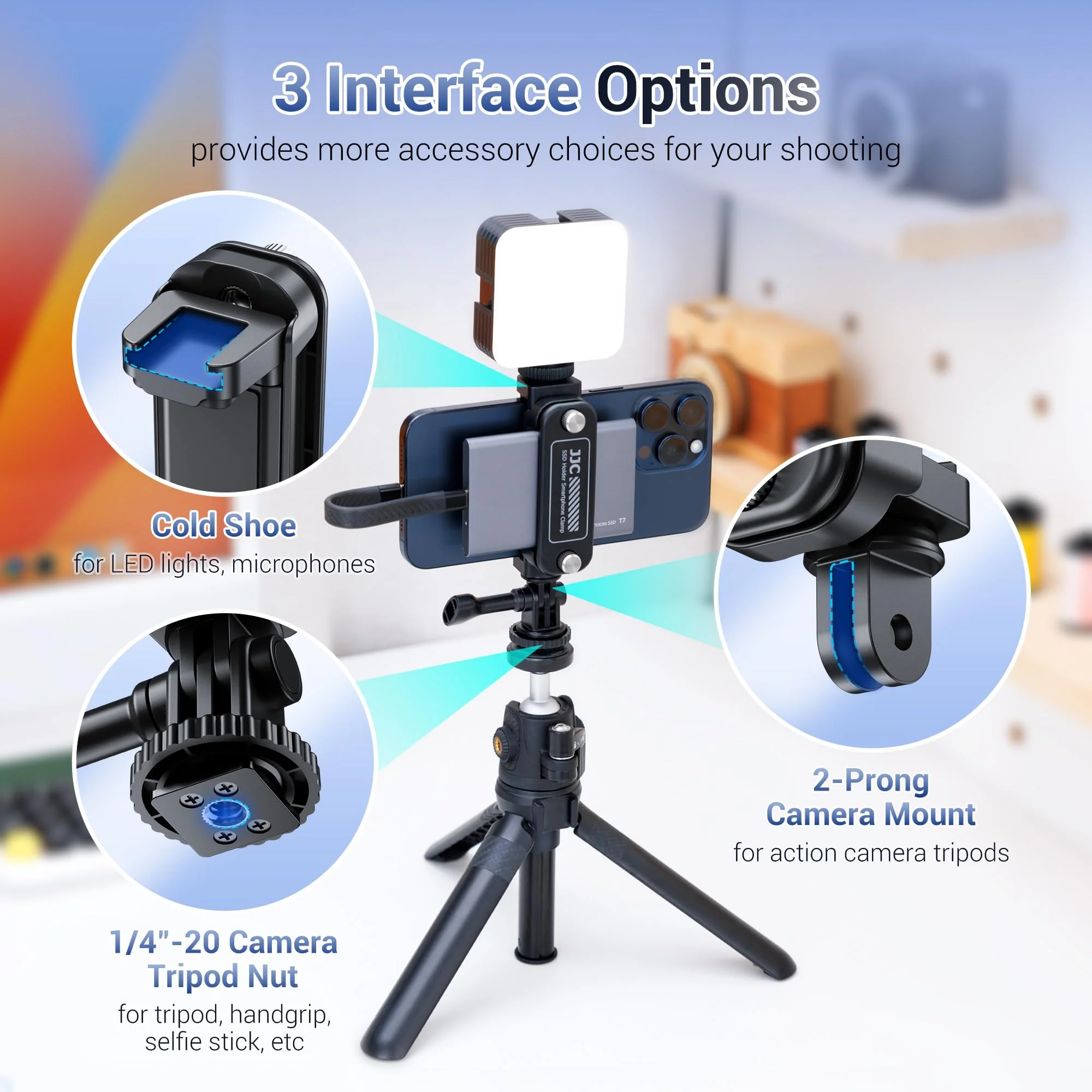 JJC 2-in-1 Multi-Use Phone Clamp SSD Holder Bracket, 360°Rotates SSD Mount Support with Cold Shoe, 1/4"-20 Tripod Mount for Photography Videography Video Recording Vlog Streaming - Image 5
