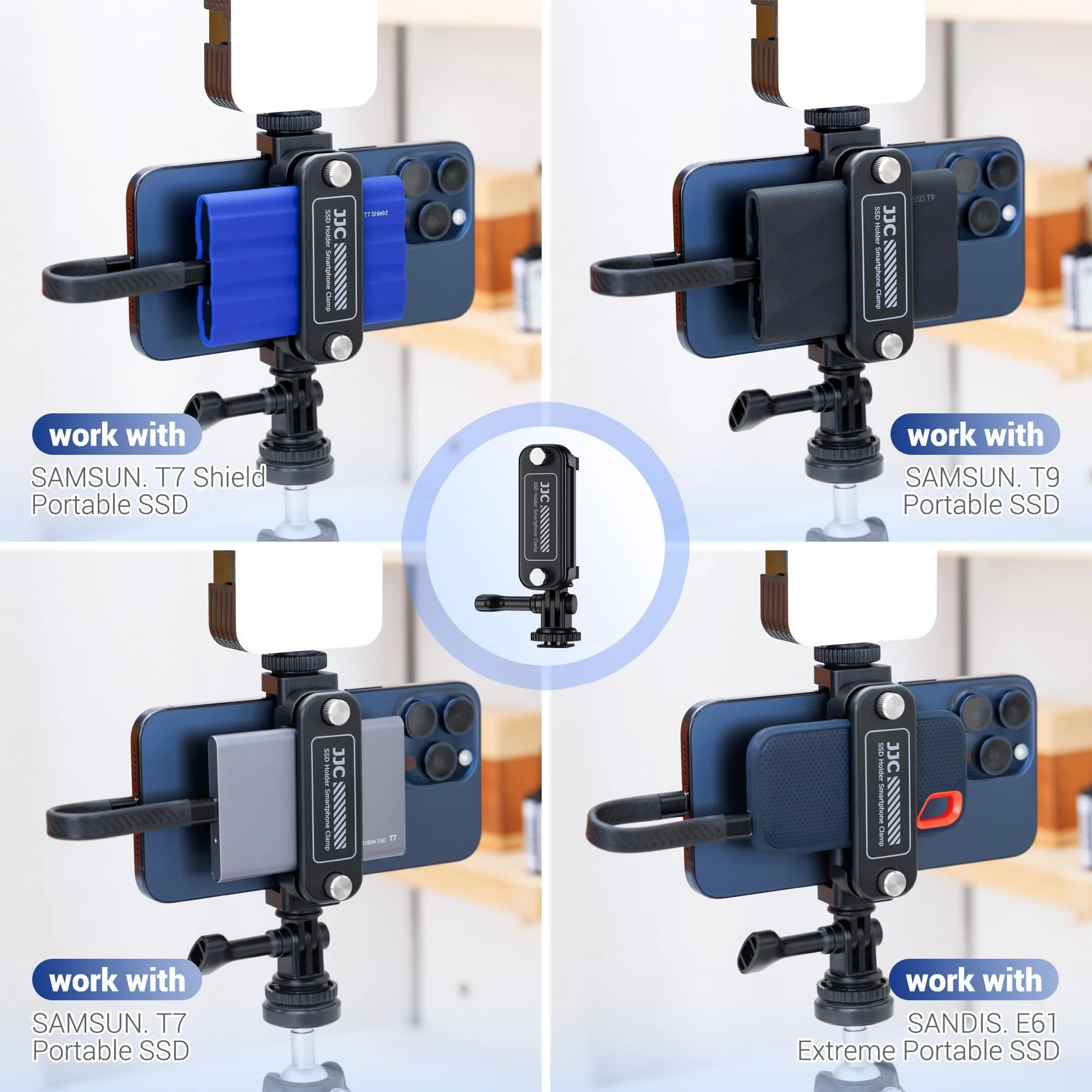 JJC 2-in-1 Multi-Use Phone Clamp SSD Holder Bracket, 360°Rotates SSD Mount Support with Cold Shoe, 1/4"-20 Tripod Mount for Photography Videography Video Recording Vlog Streaming - Image 9