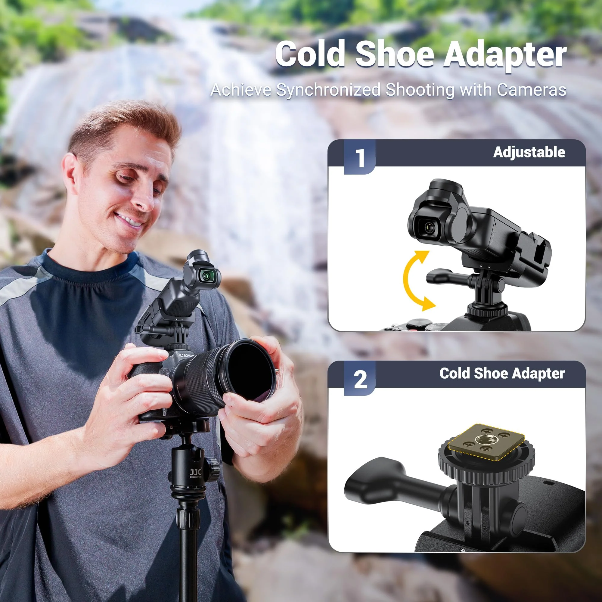 JJC 3-in-1 Expansion Adapter for DJI Osmo Pocket 3 and Xtra Muse, Tripod Mount Hot Shoe Camera Extender Converter, 1/4-20 Stick Handle Bracket Accessories, with Action Camera Port & Cold Shoe Holder For DJI Osmo Pocket 3, 3-in-1 Adapter - Image 2