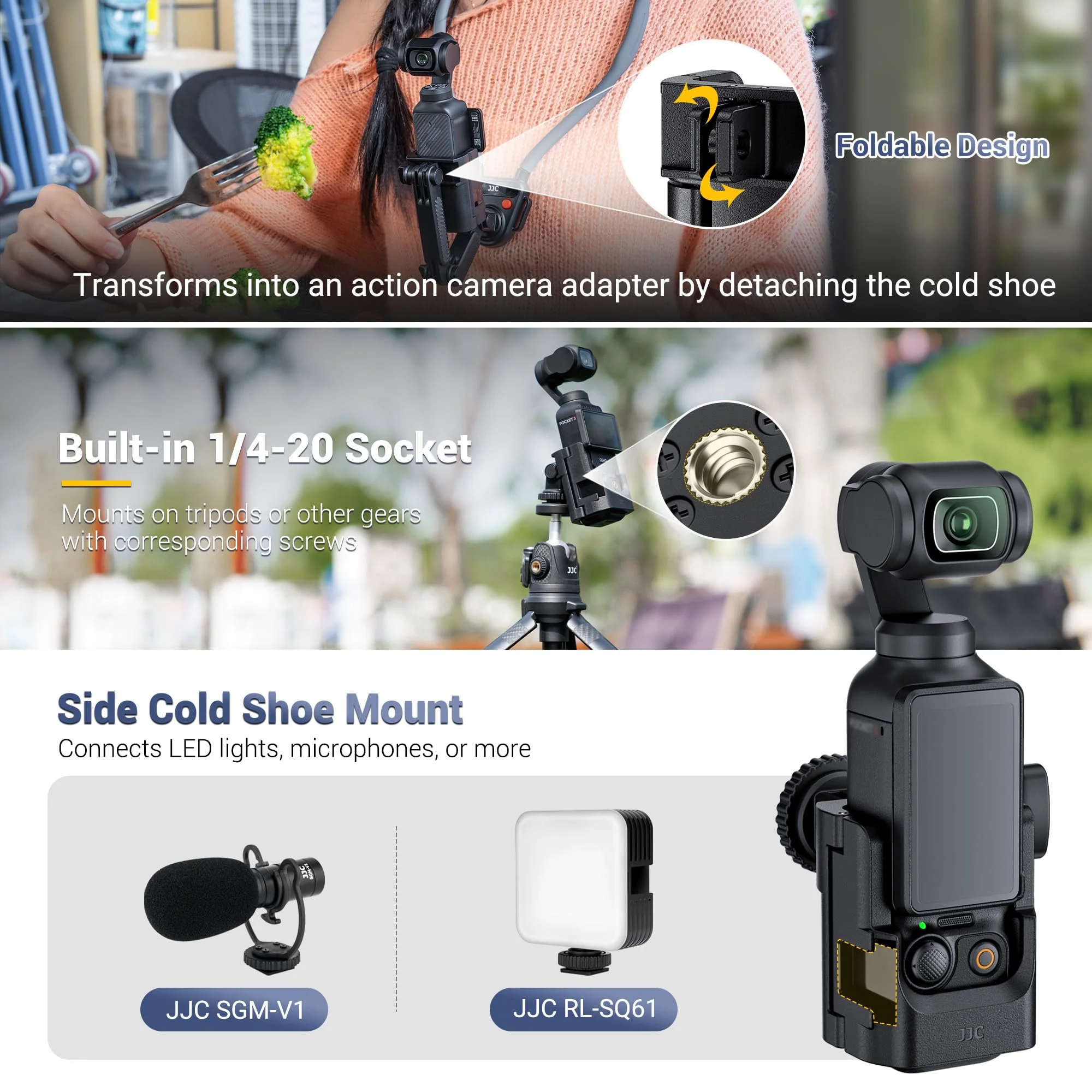 JJC 3-in-1 Expansion Adapter for DJI Osmo Pocket 3 and Xtra Muse, Tripod Mount Hot Shoe Camera Extender Converter, 1/4-20 Stick Handle Bracket Accessories, with Action Camera Port & Cold Shoe Holder For DJI Osmo Pocket 3, 3-in-1 Adapter - Image 3