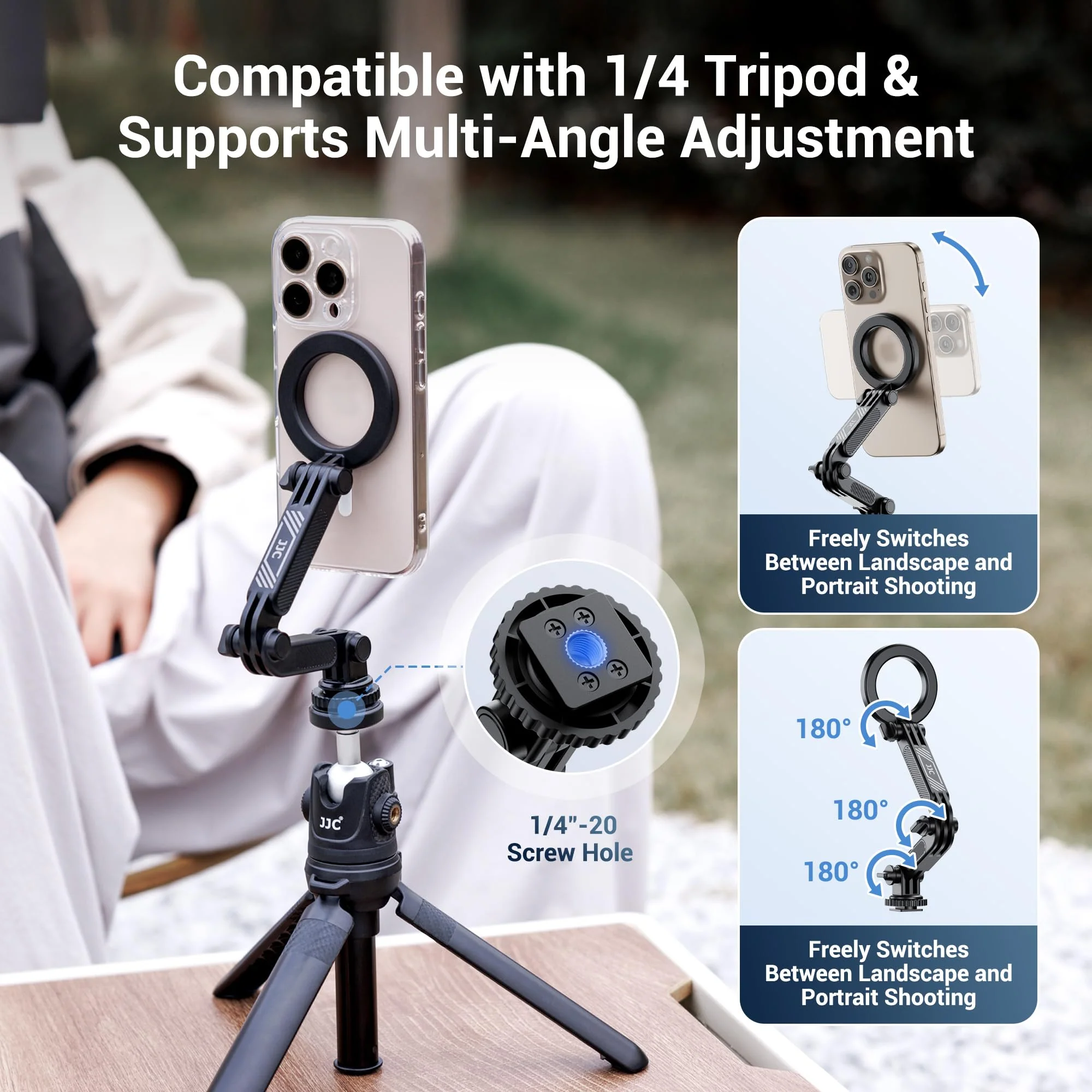 JJC Extension Arm with Magnetic Phone Ring and Cold Shoe Mount for iPhone 17 ProMax 16 15 14 13 & Action Camera, Foldable Hot Shoe Adpter for DJI Osmo Action 6 5 4 3, Hero 13 12 11, Insta360 Ace Magnetic Cold Shoe Mount - Image 4
