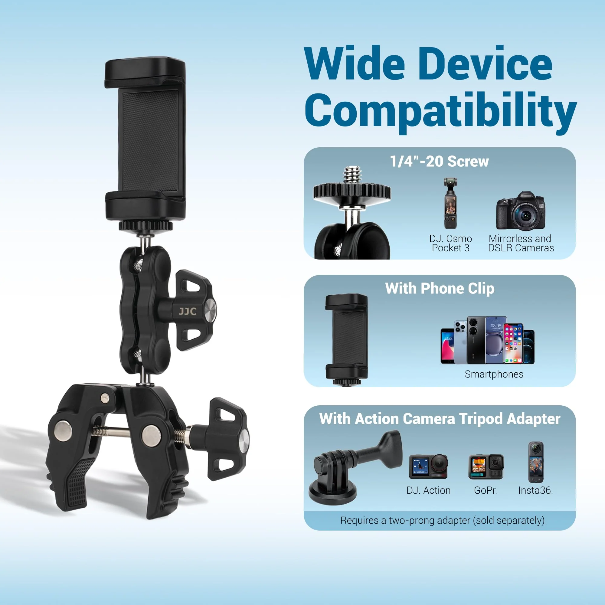 JJC Super Camera Clamp Mount Kit with 1/4'' Ballhead for DSLR DJI Osmo Gopro Hero Insta360 Action Camera Smartphone on Desk Motorcycle Bicycle Bracket Handrail Trolley Cross Bar Flag Vlog Video Record Clamp Kit - Image 3