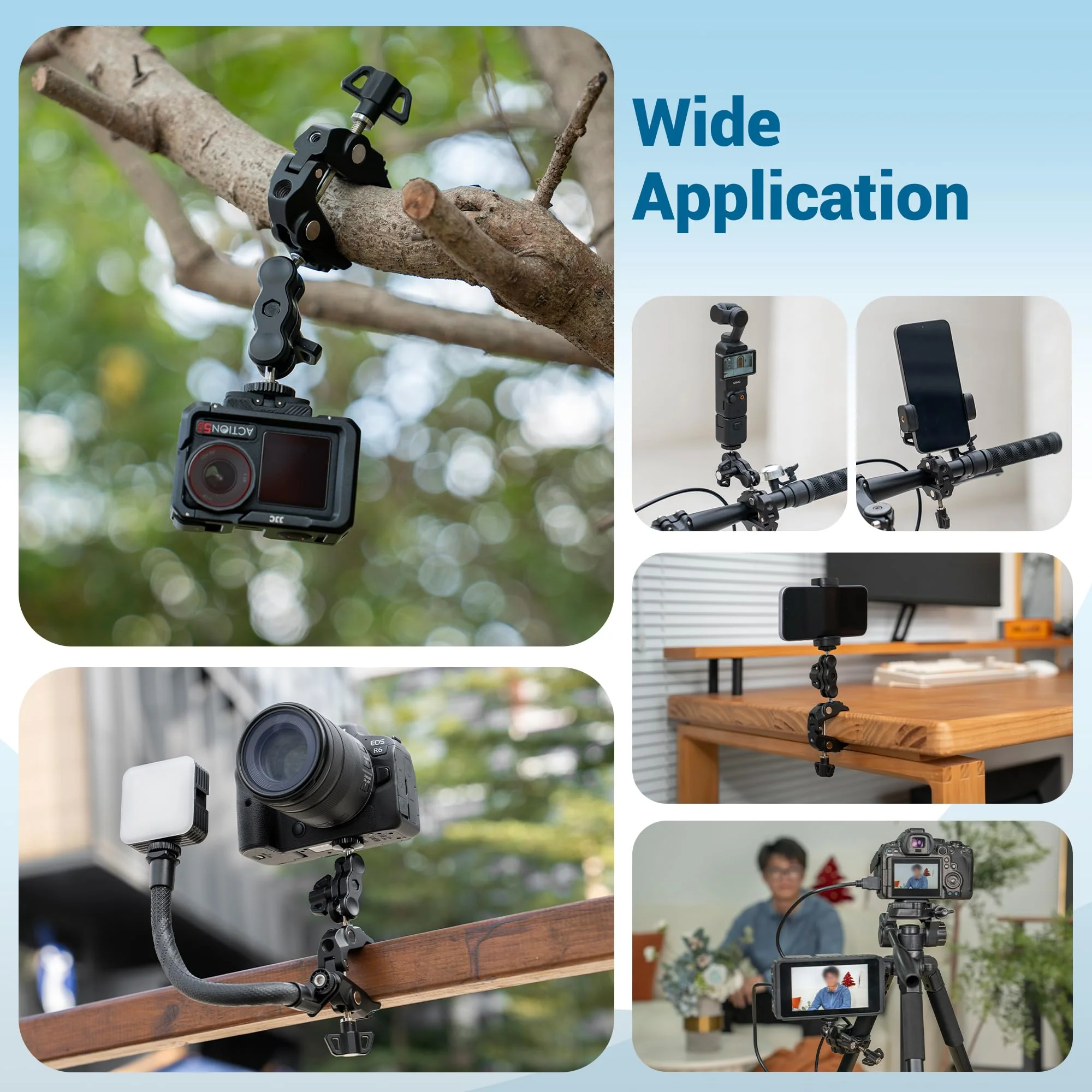 JJC Super Camera Clamp Mount Kit with 1/4'' Ballhead for DSLR DJI Osmo Gopro Hero Insta360 Action Camera Smartphone on Desk Motorcycle Bicycle Bracket Handrail Trolley Cross Bar Flag Vlog Video Record Clamp Kit - Image 6