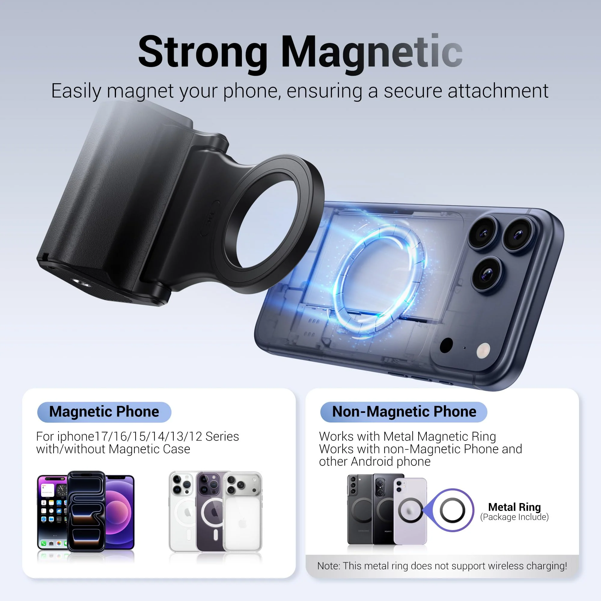JJC Upgraded Magnetic Phone Camera Grip with Remote, Cell Phone Camera Grip Handle Compatible with MagSafe iPhone Android Phones, with 1/4" Tripod Screw for Vlogging Video Recording Selfie - Image 3