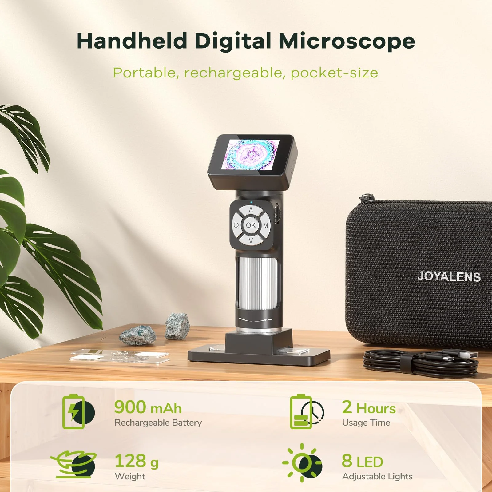 JL112 Handheld Microscope for Kids Adults, Portable Digital Microscope with 2" LCD Screen, 1080P USB Pocket Microscope Camera with 8 LED Lights, PC View, Microscope Slide Kit, 32GB - Image 2