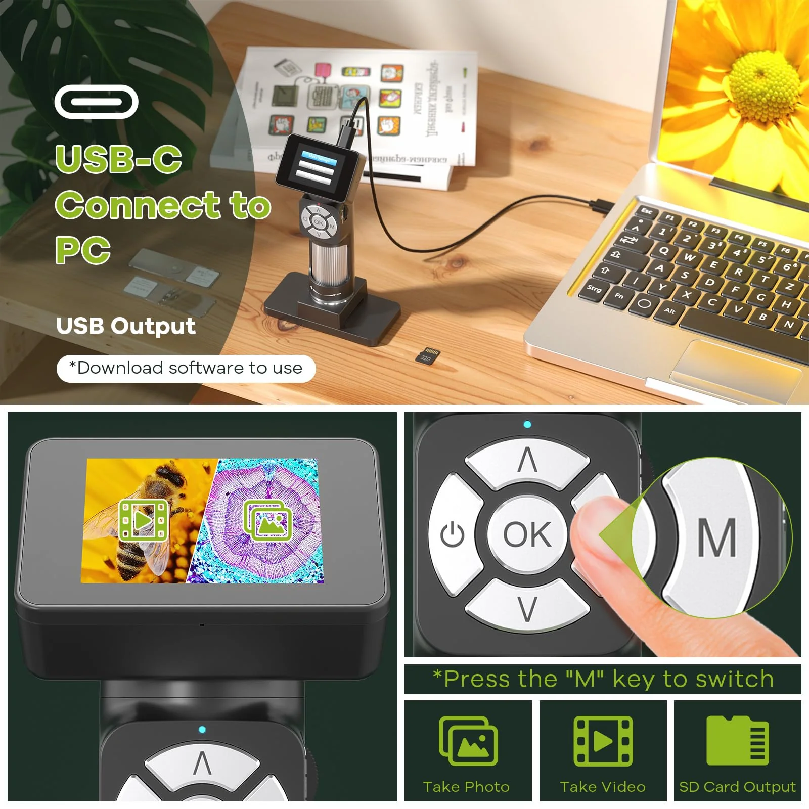 JL112 Handheld Microscope for Kids Adults, Portable Digital Microscope with 2" LCD Screen, 1080P USB Pocket Microscope Camera with 8 LED Lights, PC View, Microscope Slide Kit, 32GB - Image 5