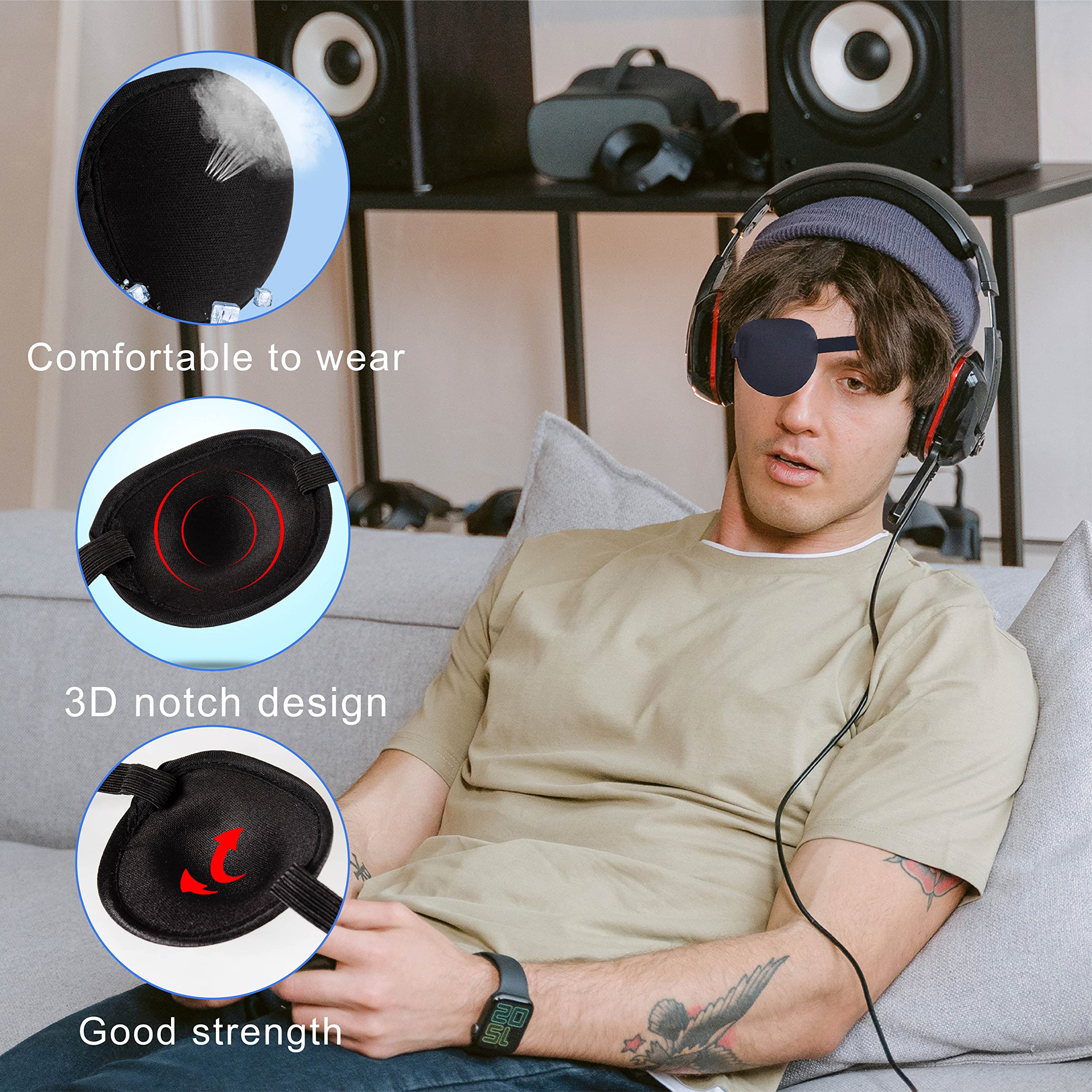 joaoxoko Eye Patches for Adults，2 Pcs Medical Eye Patches for Amblyopia Lazy Eye Patches for Left or Right Eyes，Black 3D Adjustable Eyepatch (Two Blacks) - Image 6
