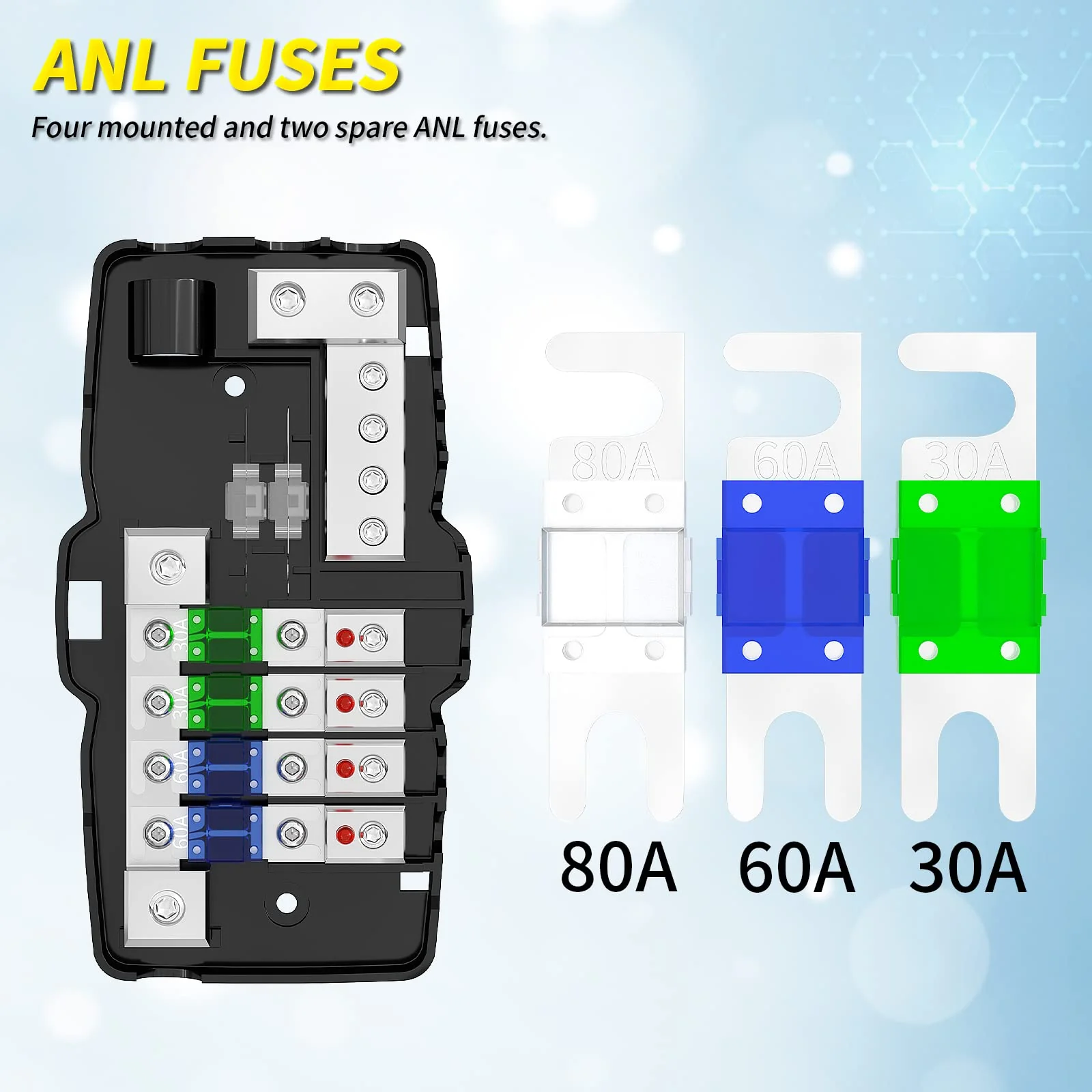 Joinfworld Fused Power Distribution Block Car Audio 4 Way MIDI(Mini-ANL) Fuse Block 12V 0/4 Gauge with Ground for Auto UTV Boat Stereo Amp - Image 4