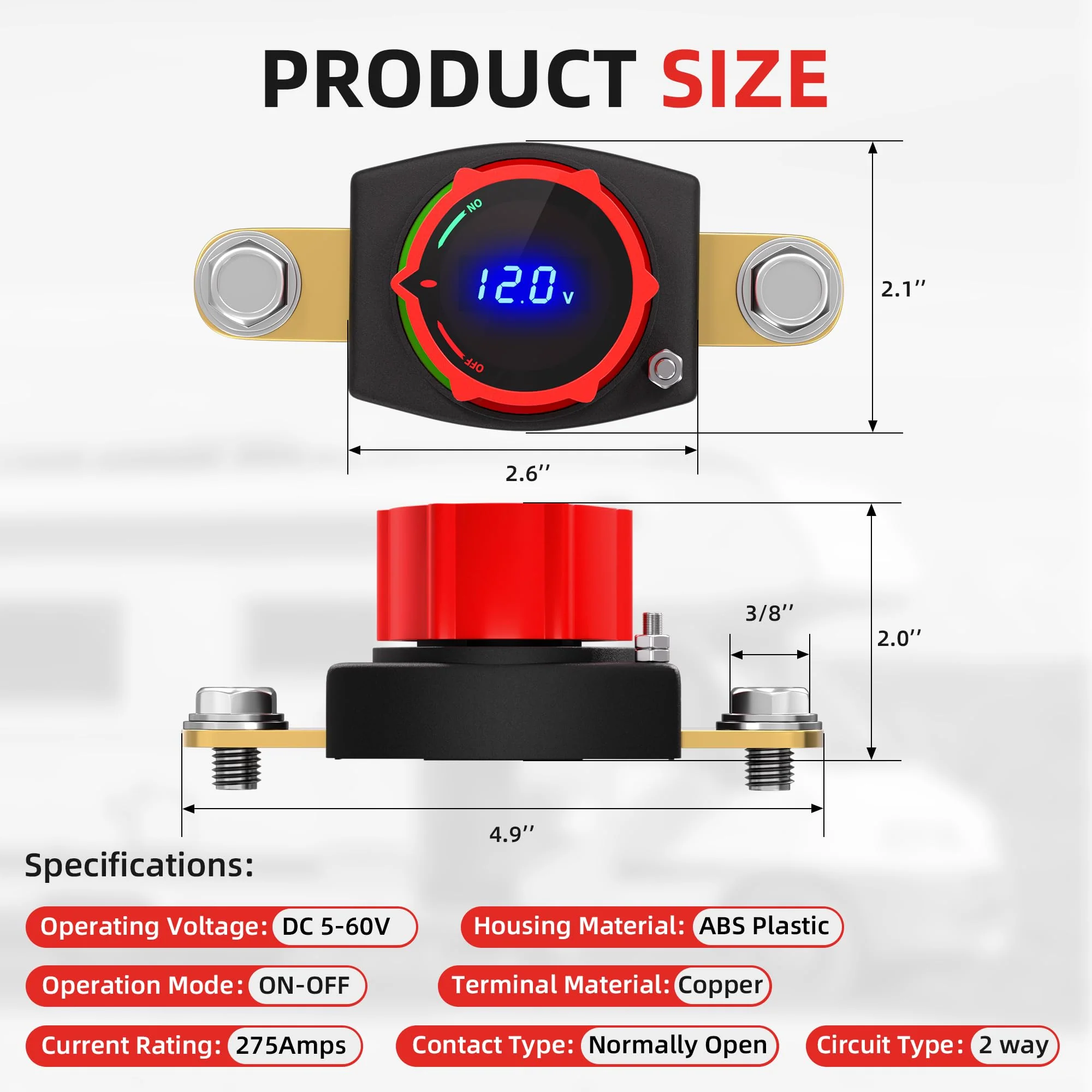 Joinfworld Side Post Battery Disconnect Switch 12V-48V with Led Voltmeter Display, DC 5-60V Battery Kill Switch Waterproof Marine Battery Cut Off Switch 12 Volt for Car RV Boat ATV UTV Vehicles On-Off Side Post with Voltmeter 300A - Image 2