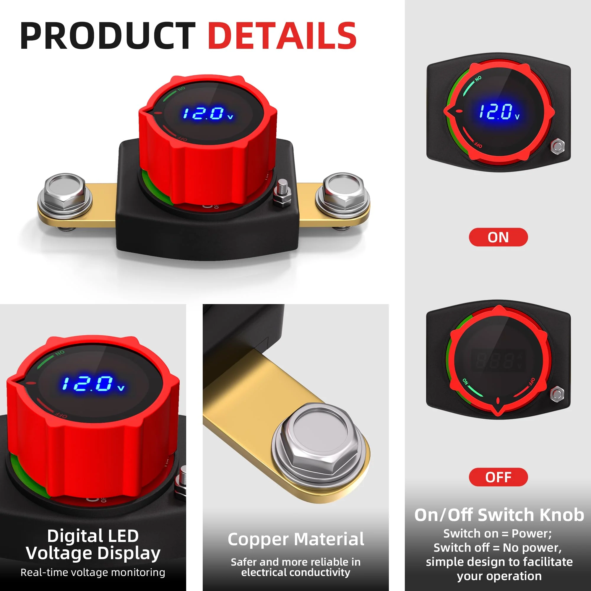 Joinfworld Side Post Battery Disconnect Switch 12V-48V with Led Voltmeter Display, DC 5-60V Battery Kill Switch Waterproof Marine Battery Cut Off Switch 12 Volt for Car RV Boat ATV UTV Vehicles On-Off Side Post with Voltmeter 300A - Image 4