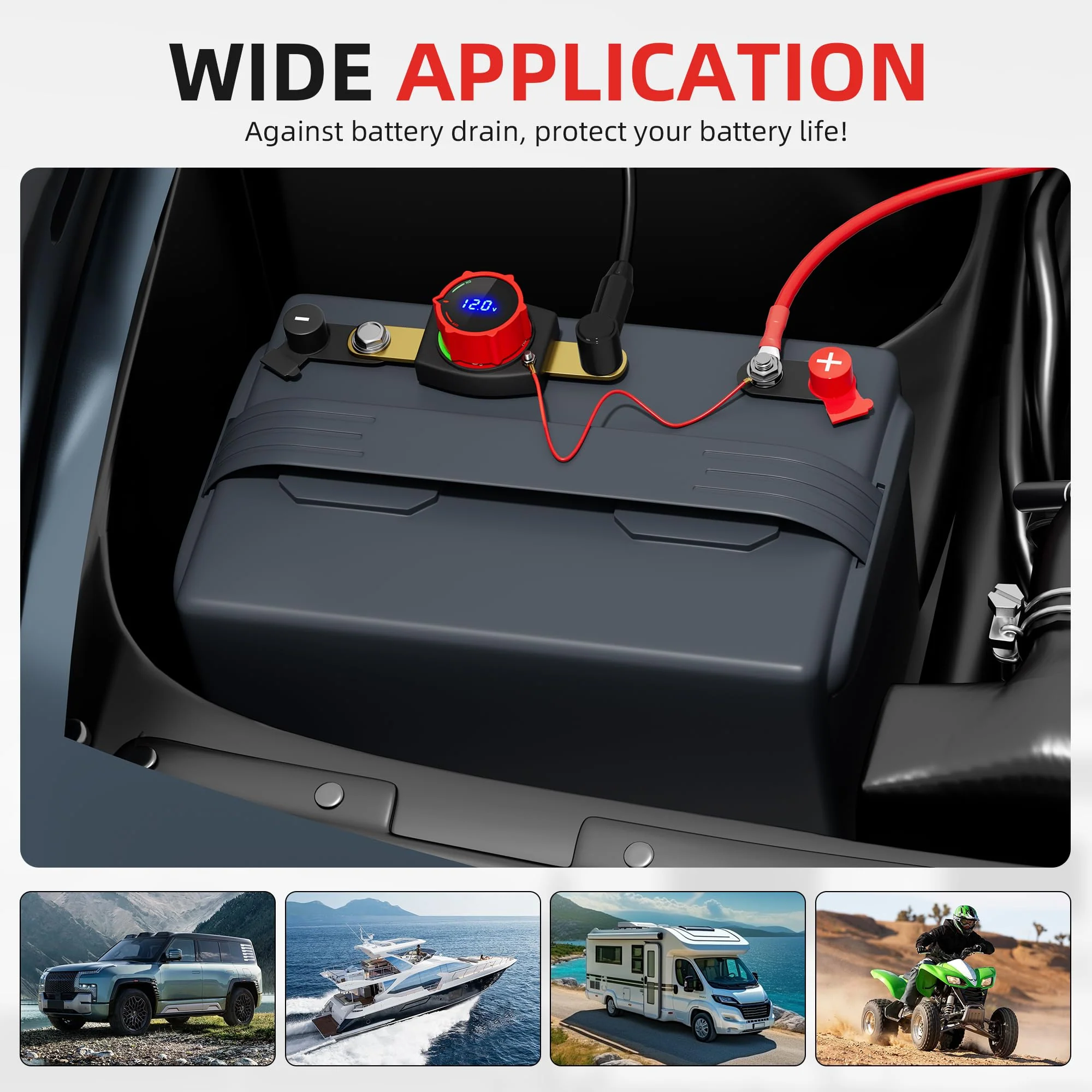 Joinfworld Side Post Battery Disconnect Switch 12V-48V with Led Voltmeter Display, DC 5-60V Battery Kill Switch Waterproof Marine Battery Cut Off Switch 12 Volt for Car RV Boat ATV UTV Vehicles On-Off Side Post with Voltmeter 300A - Image 6