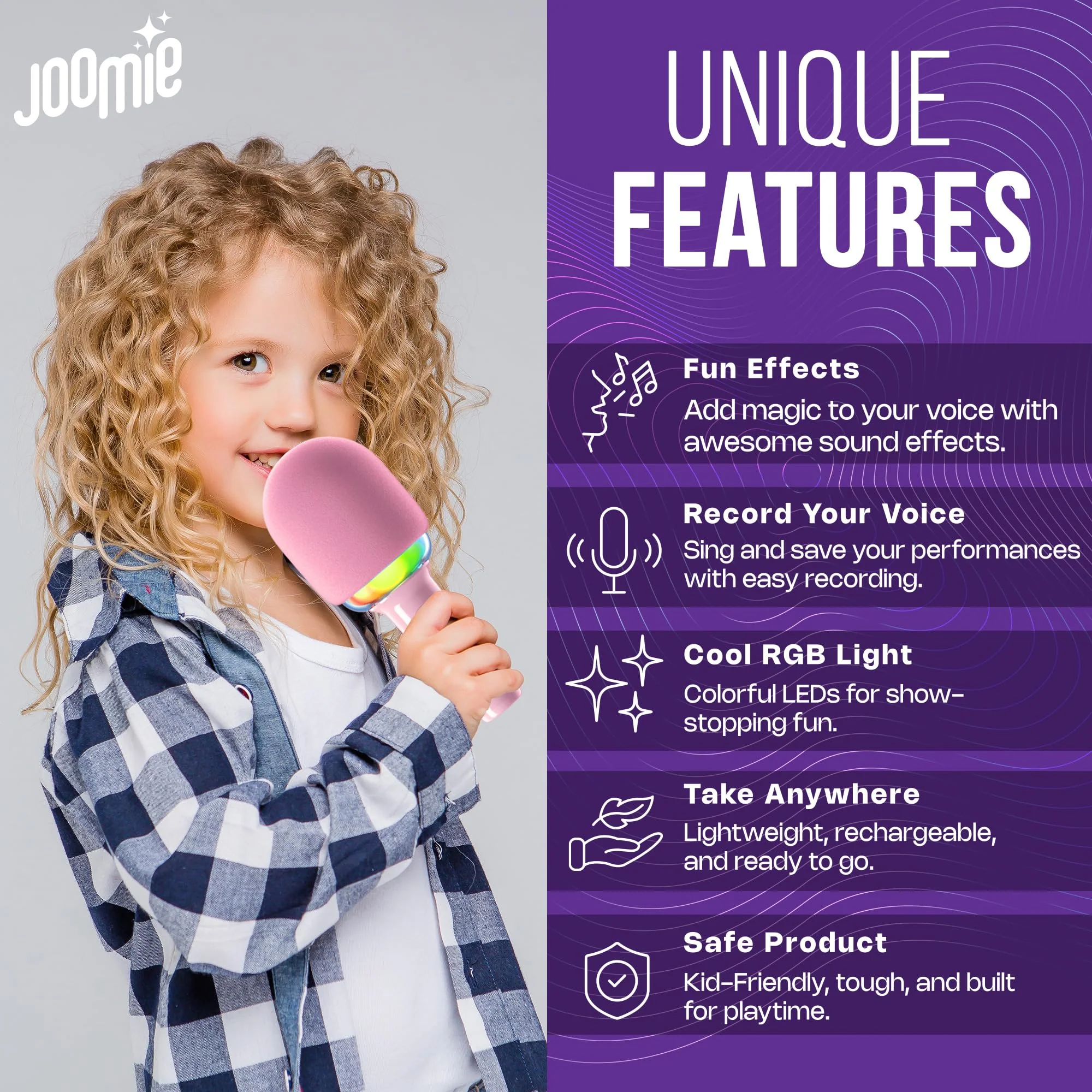 Joomie Kids Wireless Pink Karaoke Microphone - Fun Musical Toy with Pink Windscreen, Safe Design, Easy Controls, and Long Battery Life for Children's Parties, Playdates, and Imaginative Play - Image 4