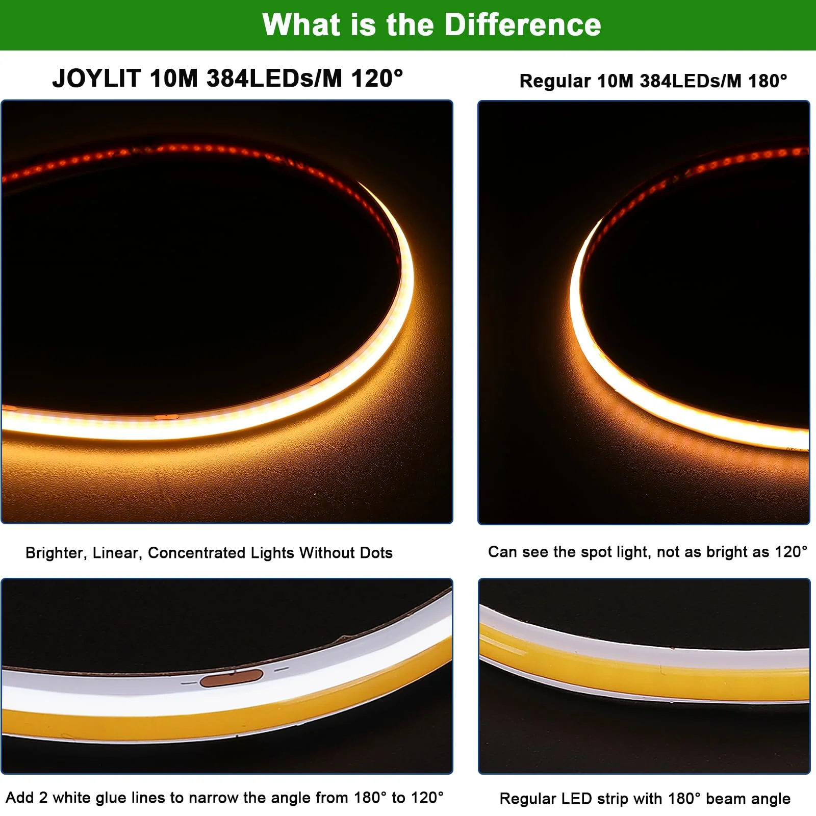JOYLIT 24V 32.8FT/10M COB LED Strip Lights 120° 2700K Warm White Indoor 384LEDs/M High Density 7650LM Super Bright CRI 90+ Dotless Adhesive LED Tape Light for Bedroom, Kitchen, Commercial 32.8FT DC 24V 384LEDs/M - Image 2