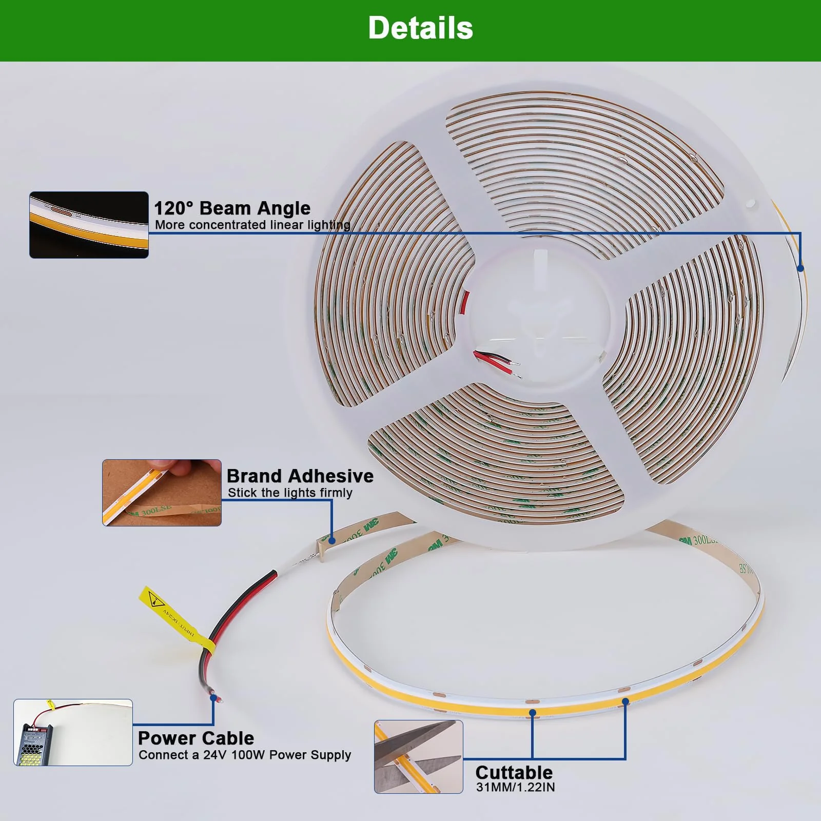 JOYLIT 24V 32.8FT/10M COB LED Strip Lights 120° 2700K Warm White Indoor 384LEDs/M High Density 7650LM Super Bright CRI 90+ Dotless Adhesive LED Tape Light for Bedroom, Kitchen, Commercial 32.8FT DC 24V 384LEDs/M - Image 3