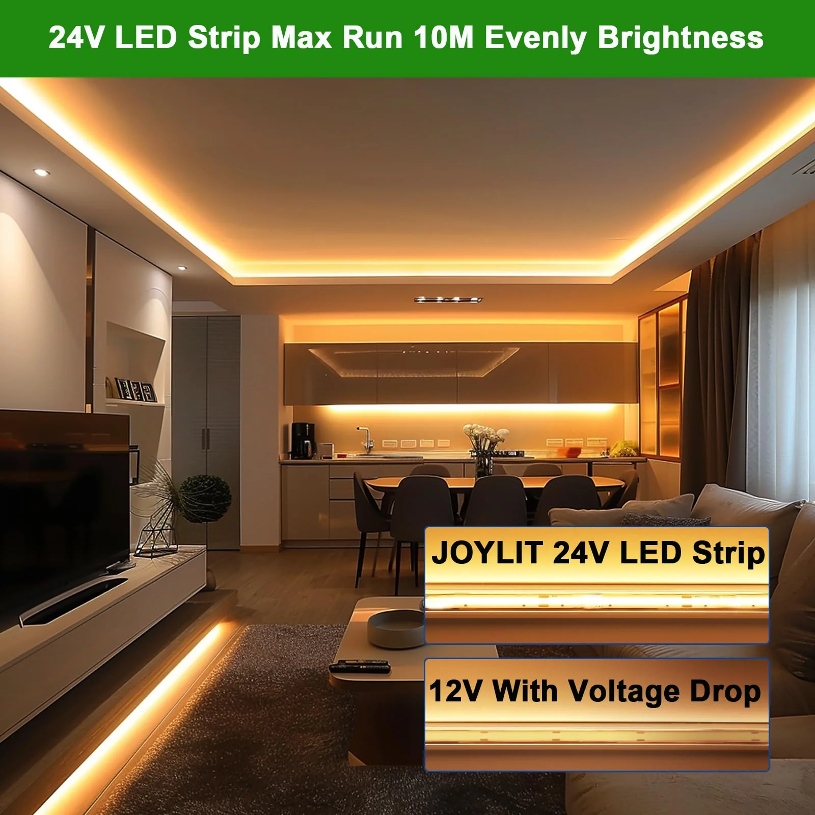 JOYLIT 24V 32.8FT/10M COB LED Strip Lights 120° 2700K Warm White Indoor 384LEDs/M High Density 7650LM Super Bright CRI 90+ Dotless Adhesive LED Tape Light for Bedroom, Kitchen, Commercial 32.8FT DC 24V 384LEDs/M - Image 4